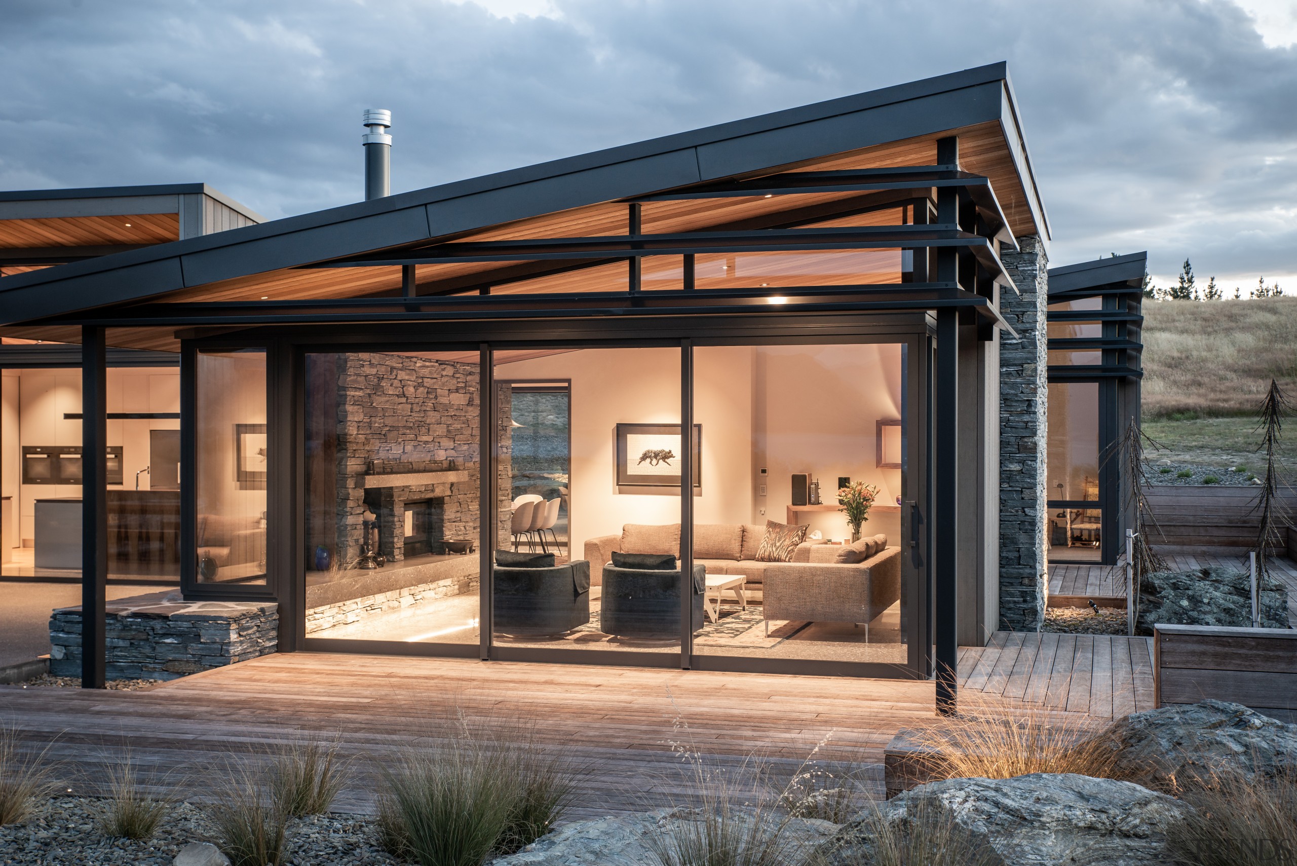 ​​​​​​​Interior schist walls on this alpine home call 