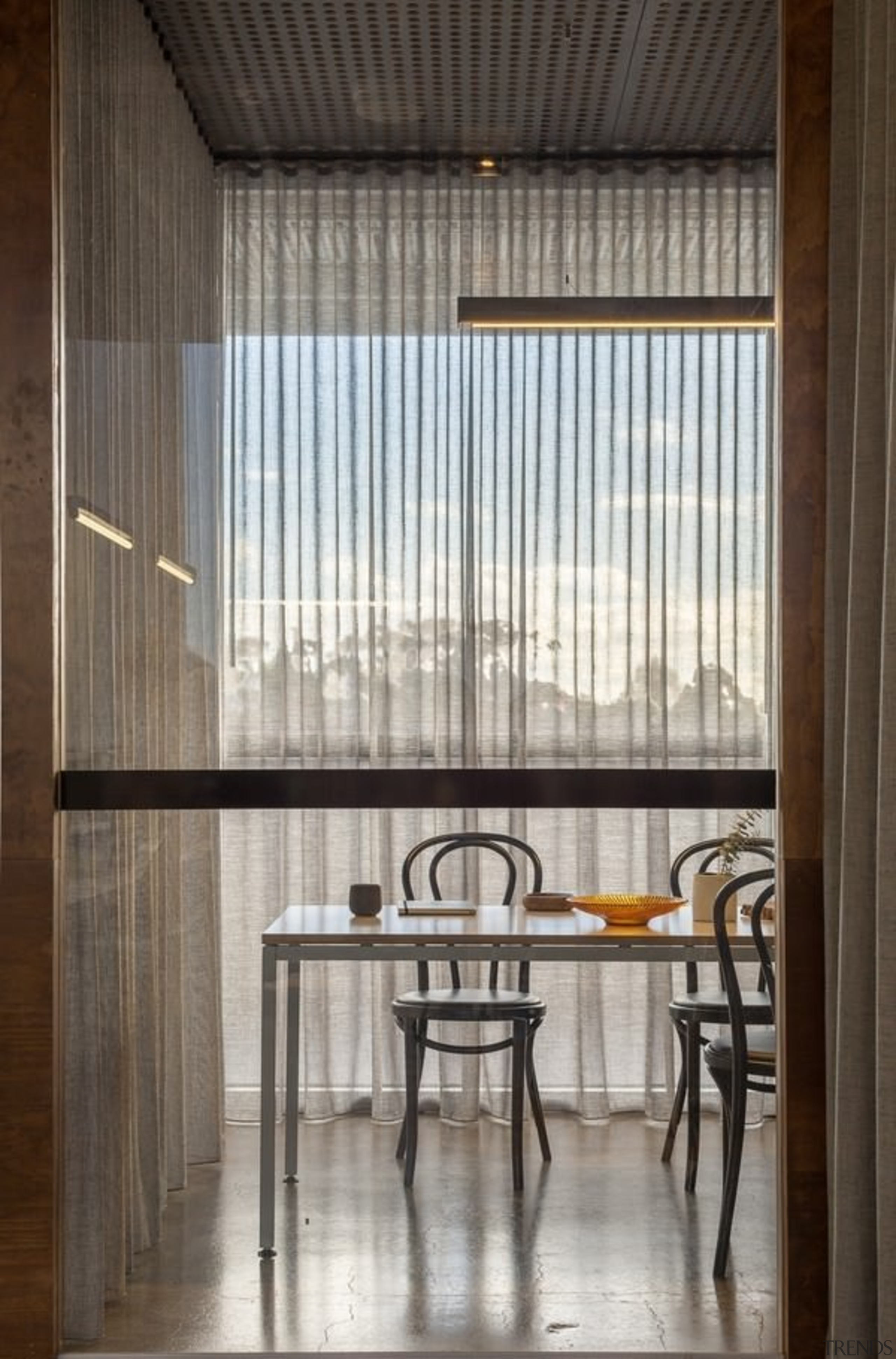 Translucent curtains filter the light in this dining architecture, ceiling, daylighting, interior design, lobby, wall, window, window covering, gray, black