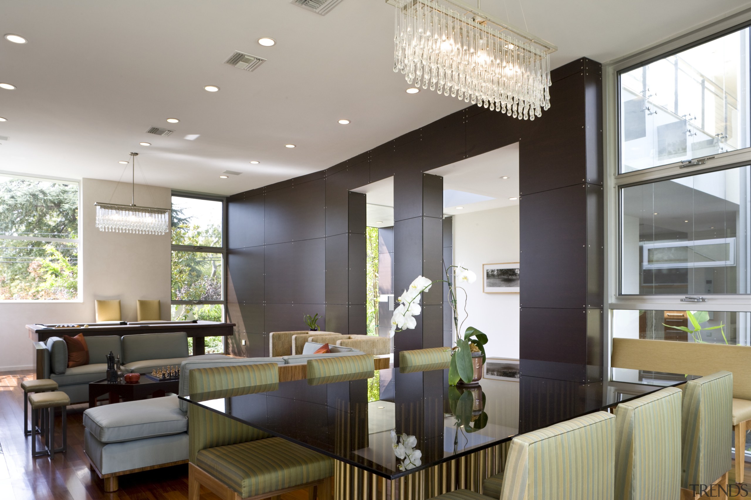View of dining area which features dining room ceiling, interior design, living room, real estate, gray