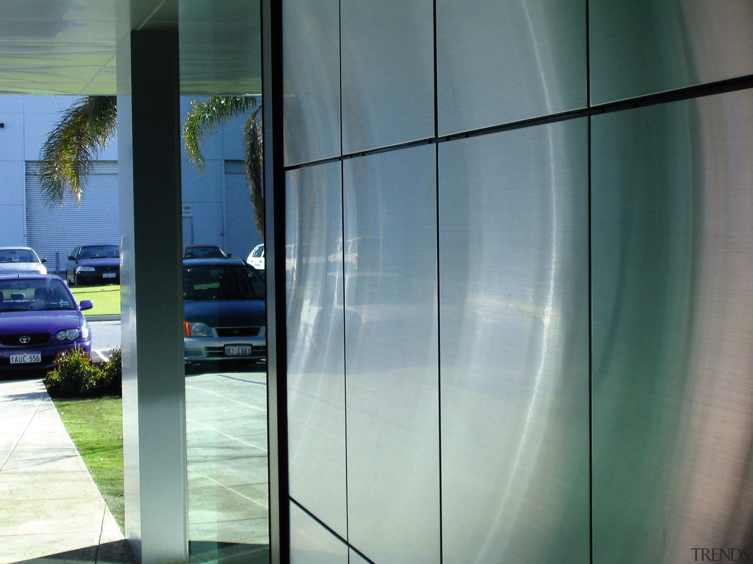 view of the polished stainless steel panels at architecture, glass, shade, window, gray