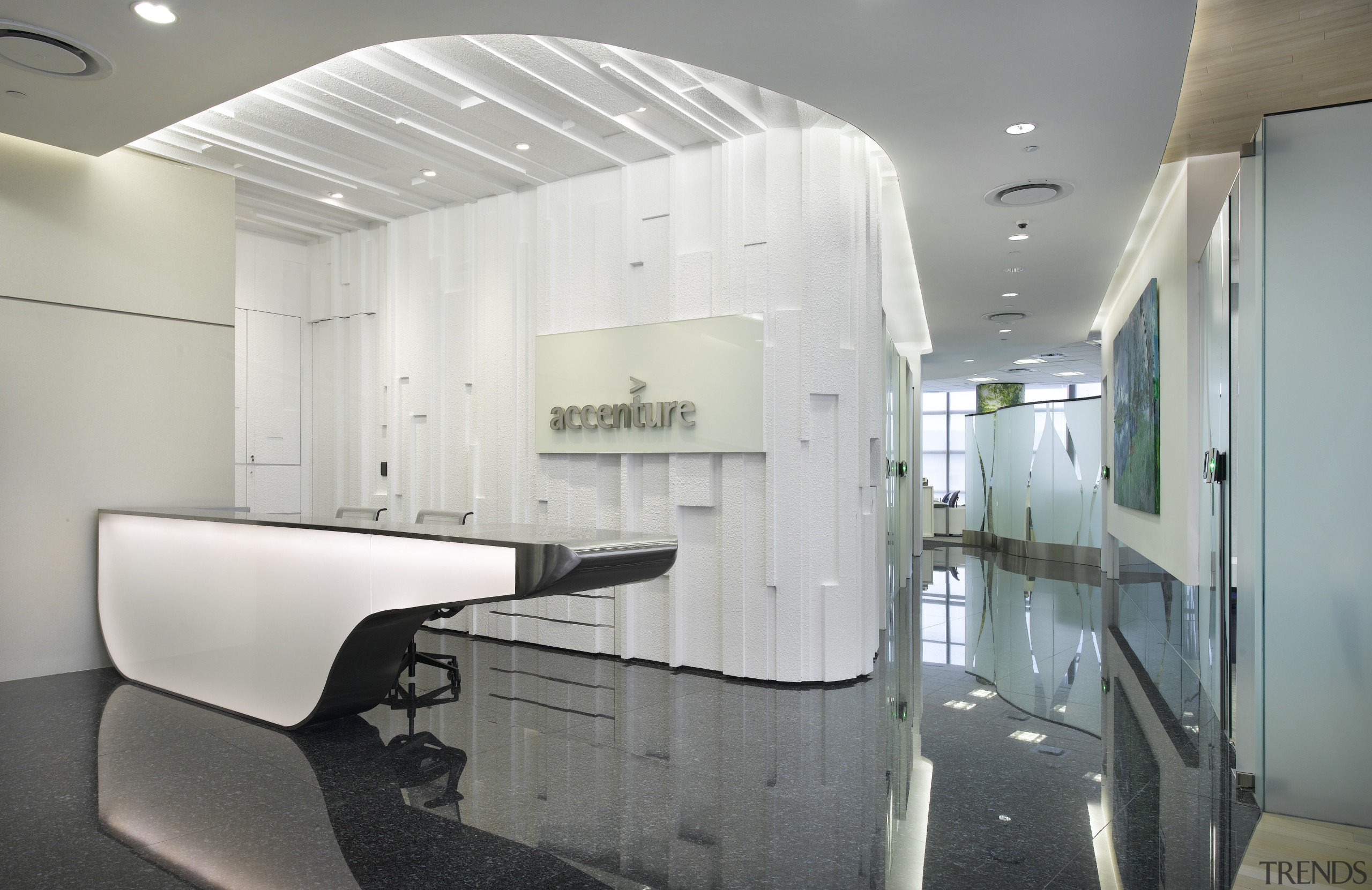 View of the Accenture office in Kuala Lumpur, architecture, ceiling, glass, interior design, office, product design, gray