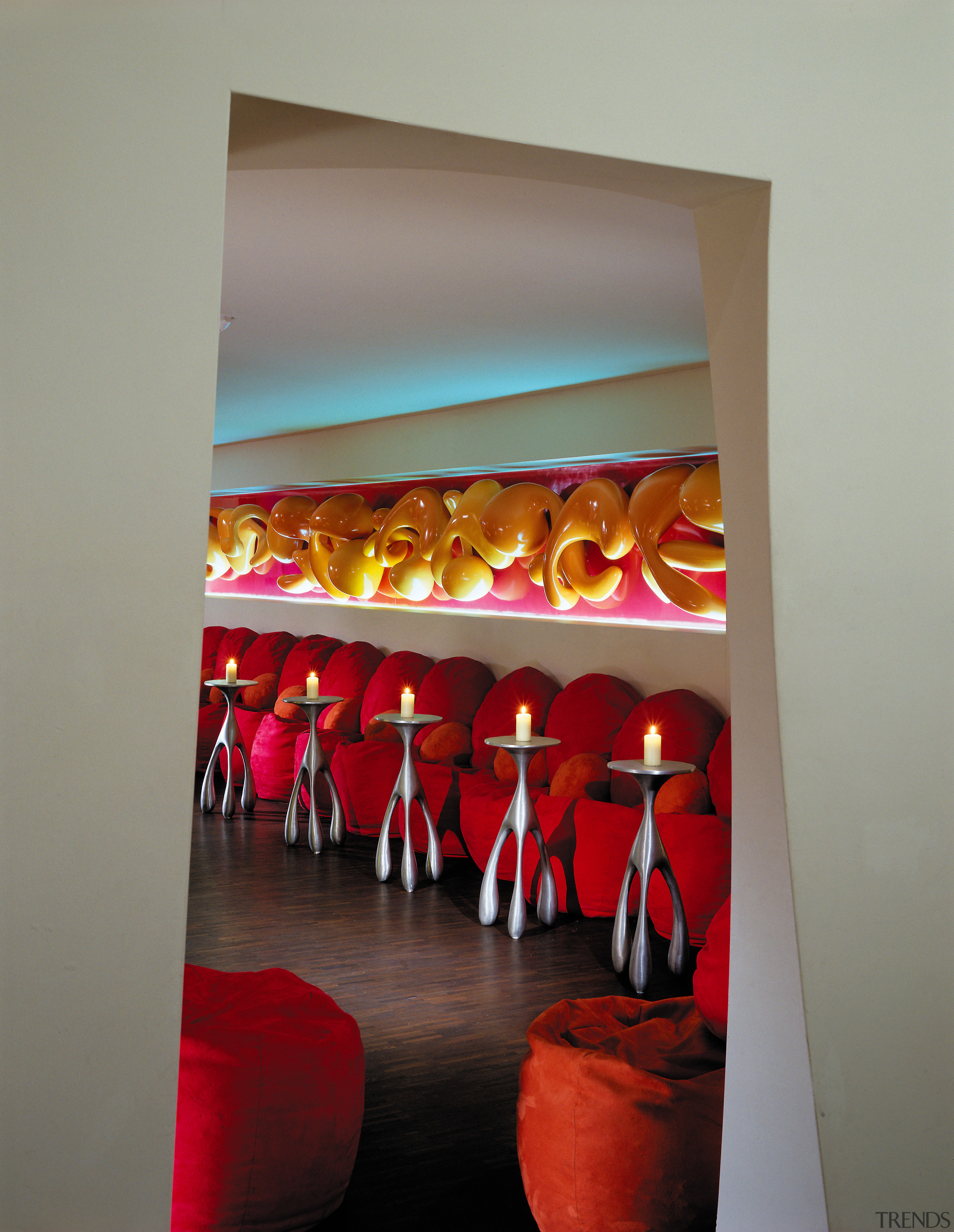 view of the restaurant that was designed and furniture, interior design, modern art, red, table, gray