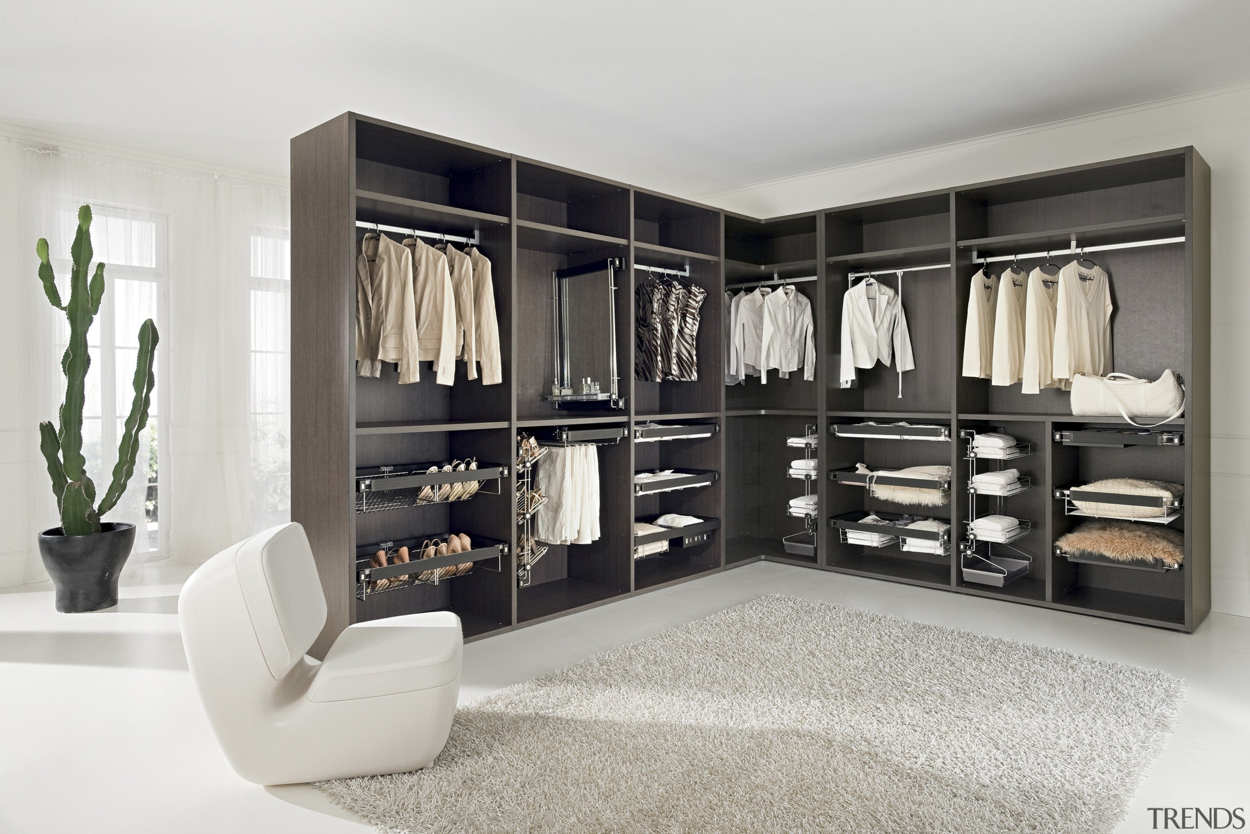 View of contemporary storage. - View of contemporary closet, furniture, interior design, wardrobe, white