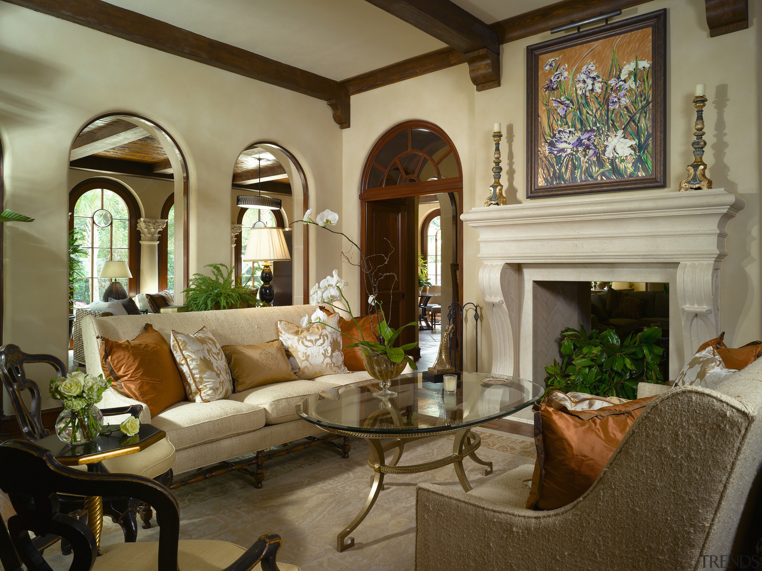 View of living room featuring arched door ways, ceiling, estate, home, interior design, living room, property, real estate, room, window, brown