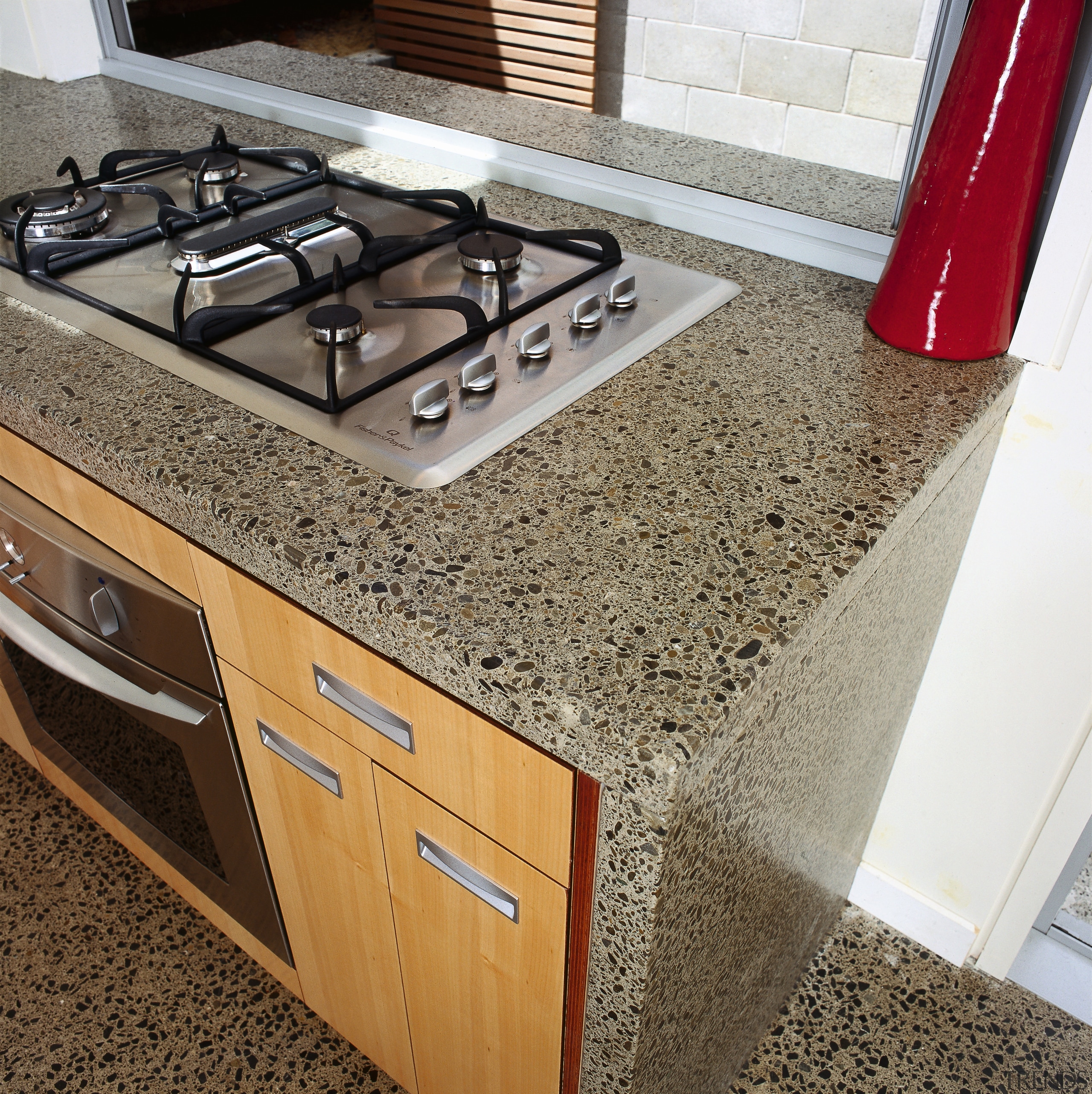 An example of the way The Concrete Doctors countertop, floor, furniture, granite, kitchen, brown, gray