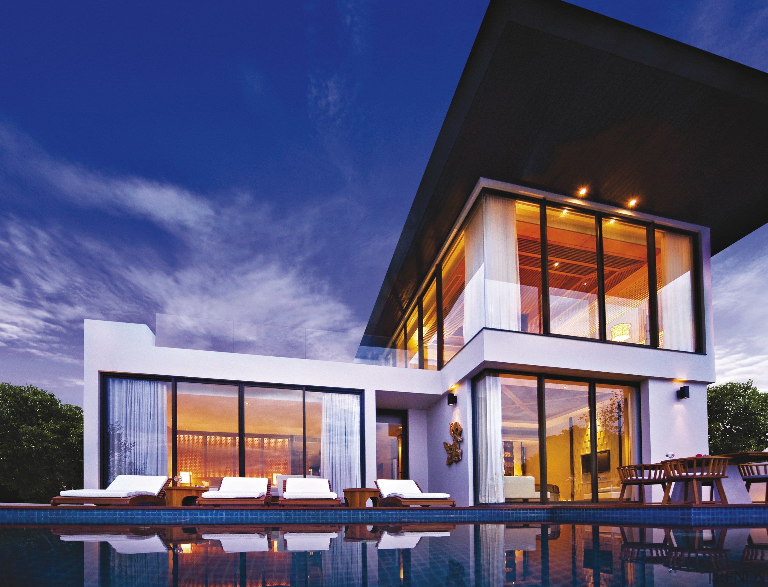 View of contemporary resort with European/Thai-style furniture, sliding architecture, building, elevation, estate, facade, home, house, property, real estate, residential area, sky, villa, window, blue