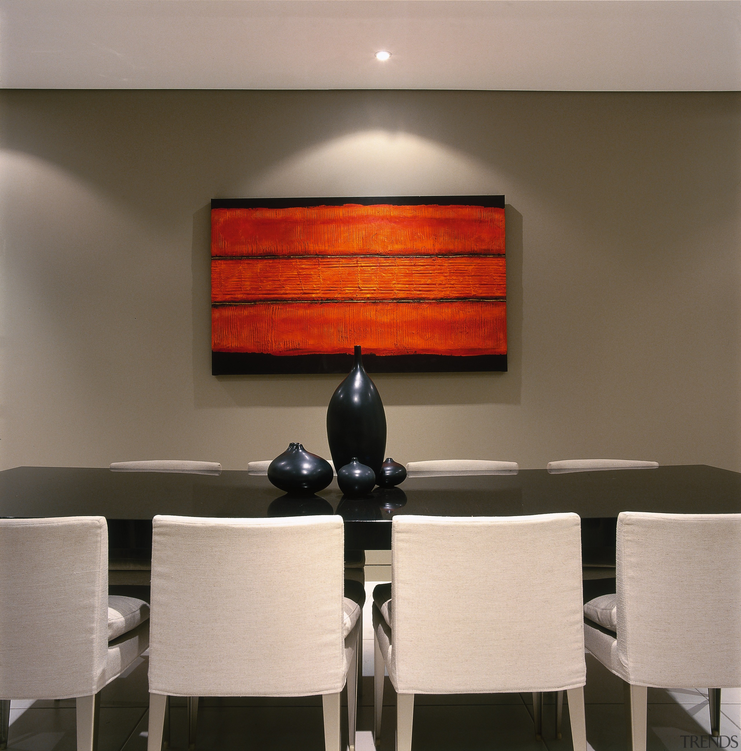 View of this dining room - View of ceiling, furniture, interior design, light fixture, lighting, table, wall, gray