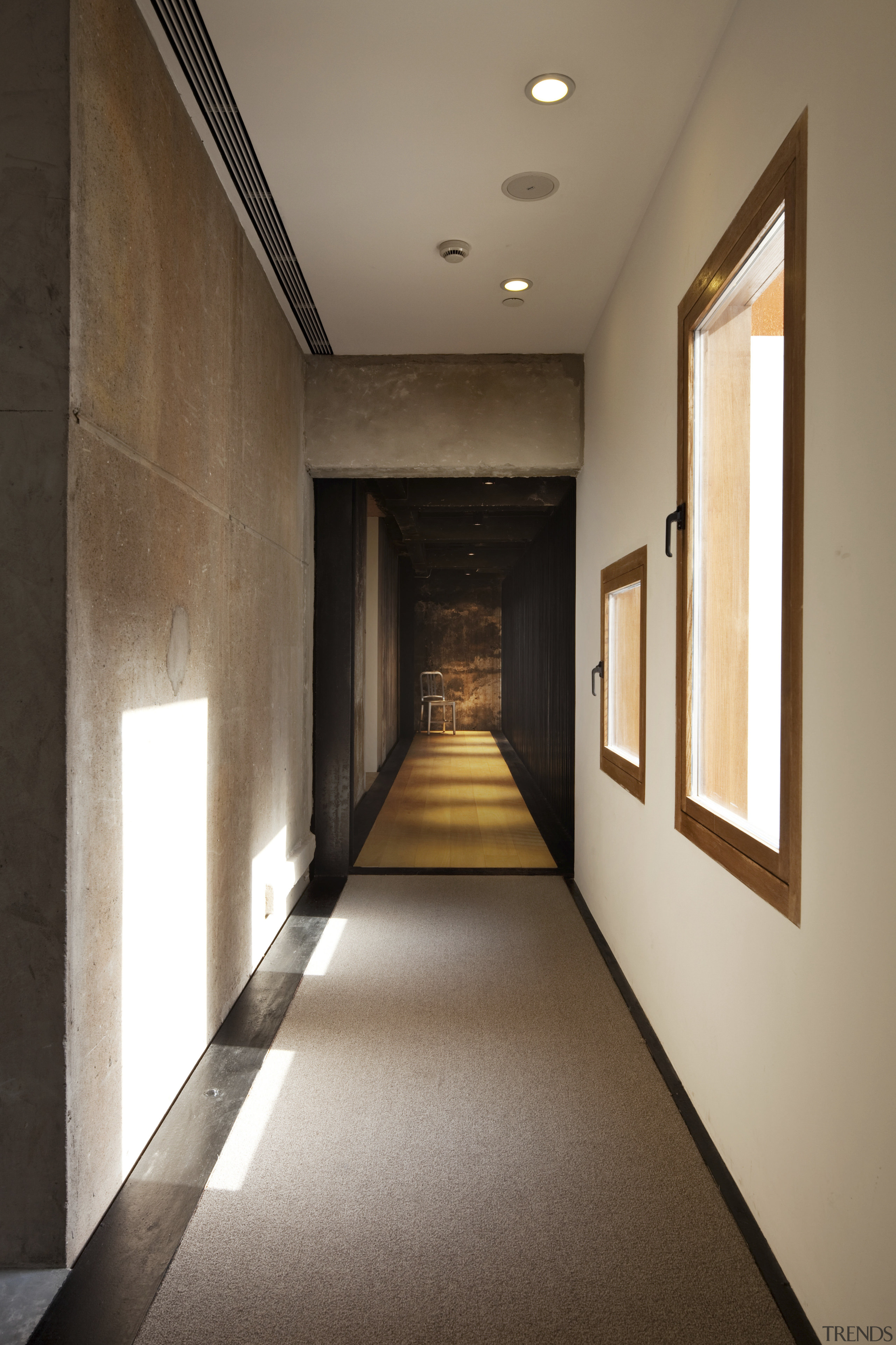 View of a contemporary boutique hotel in Shanghai. architecture, ceiling, daylighting, floor, flooring, hall, interior design, lobby, brown, gray