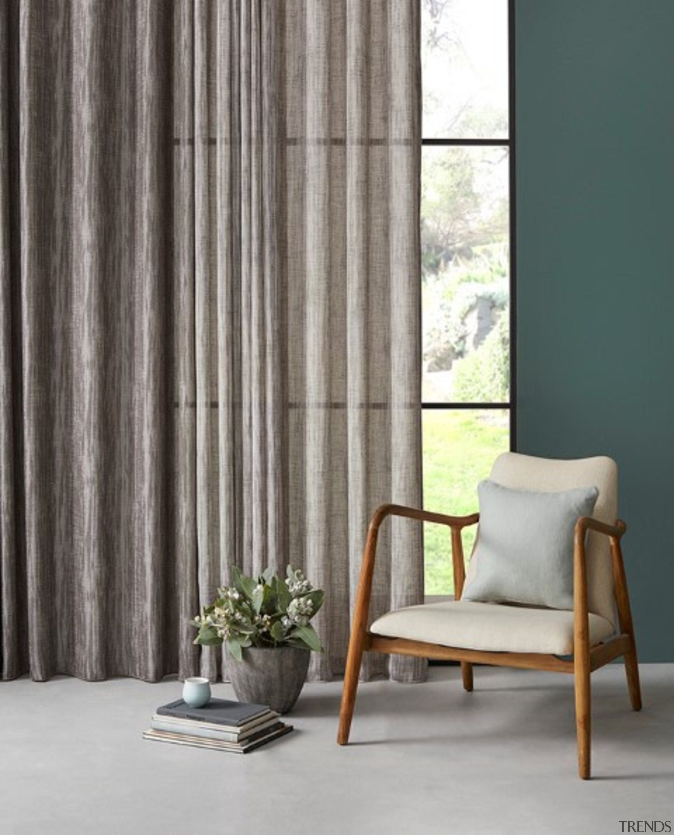 Tranquil, serene and inherently restful, this soft sheer chair, curtain, floor, furniture, home, interior design, shade, table, textile, window, window blind, window covering, window treatment, wood, gray