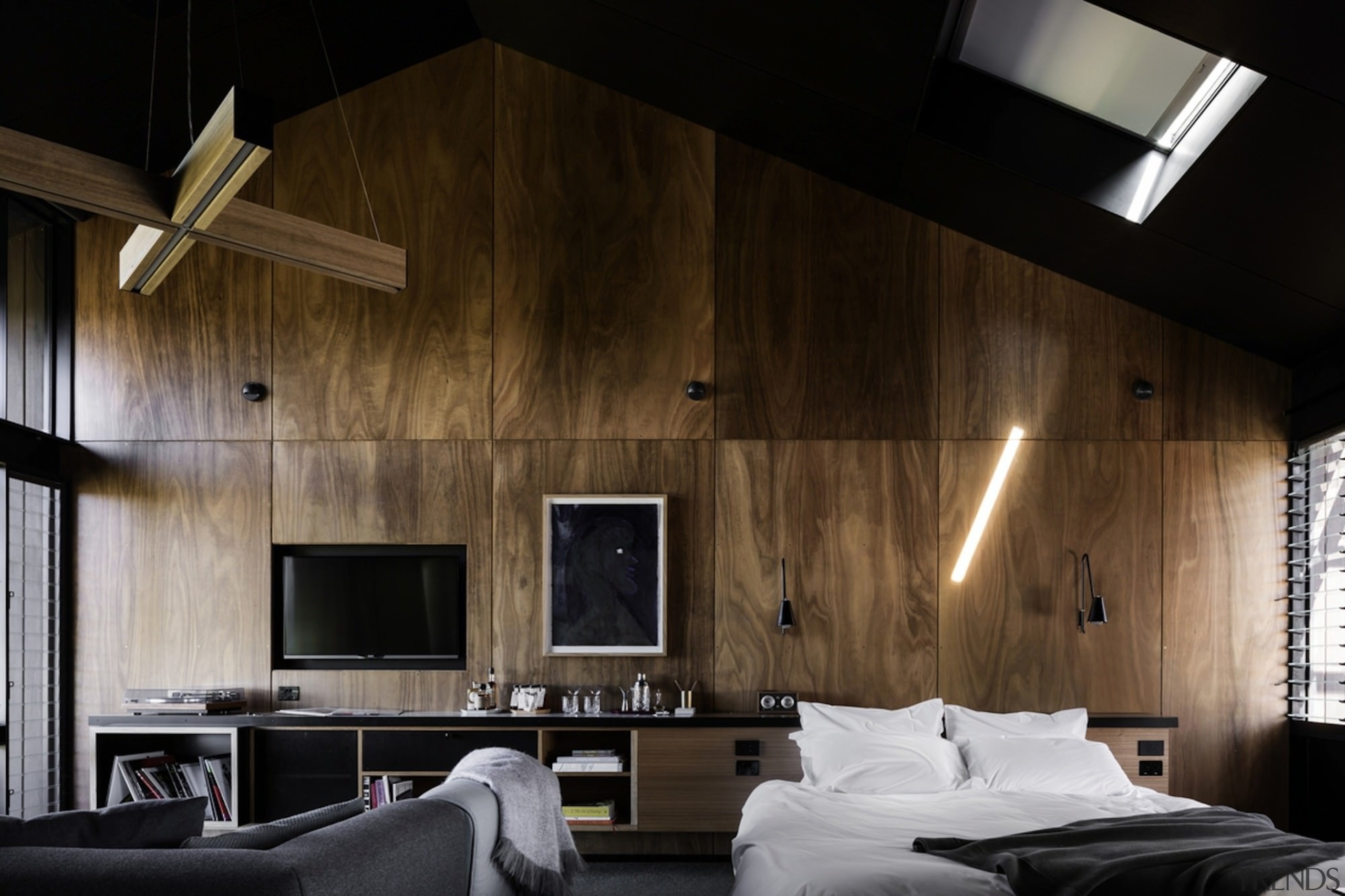 The large skylight looks down on the bedroom architecture, ceiling, house, interior design, wall, wood, black
