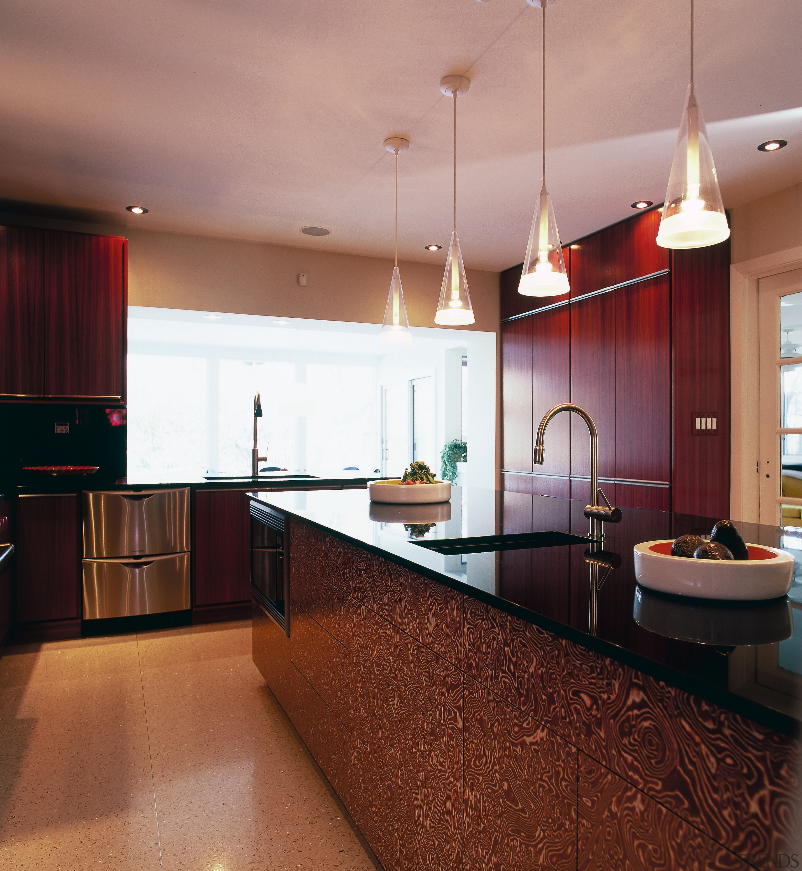 A view of this kitchen featuring terrazzo flooring, cabinetry, ceiling, countertop, interior design, kitchen, real estate, room, red, orange