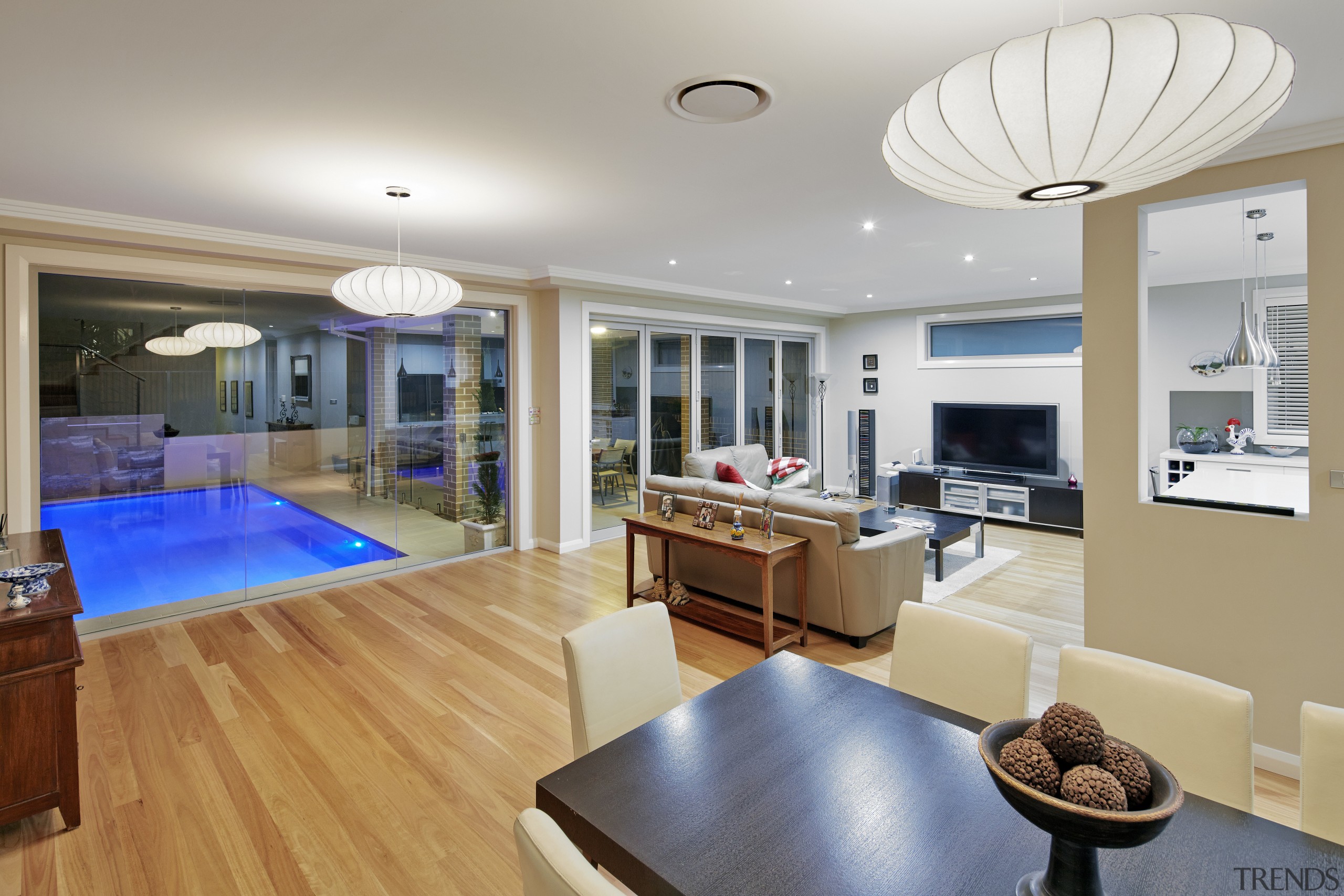 Contemporary new home with pool - Contemporary new apartment, ceiling, countertop, estate, home, interior design, kitchen, living room, property, real estate, room, gray