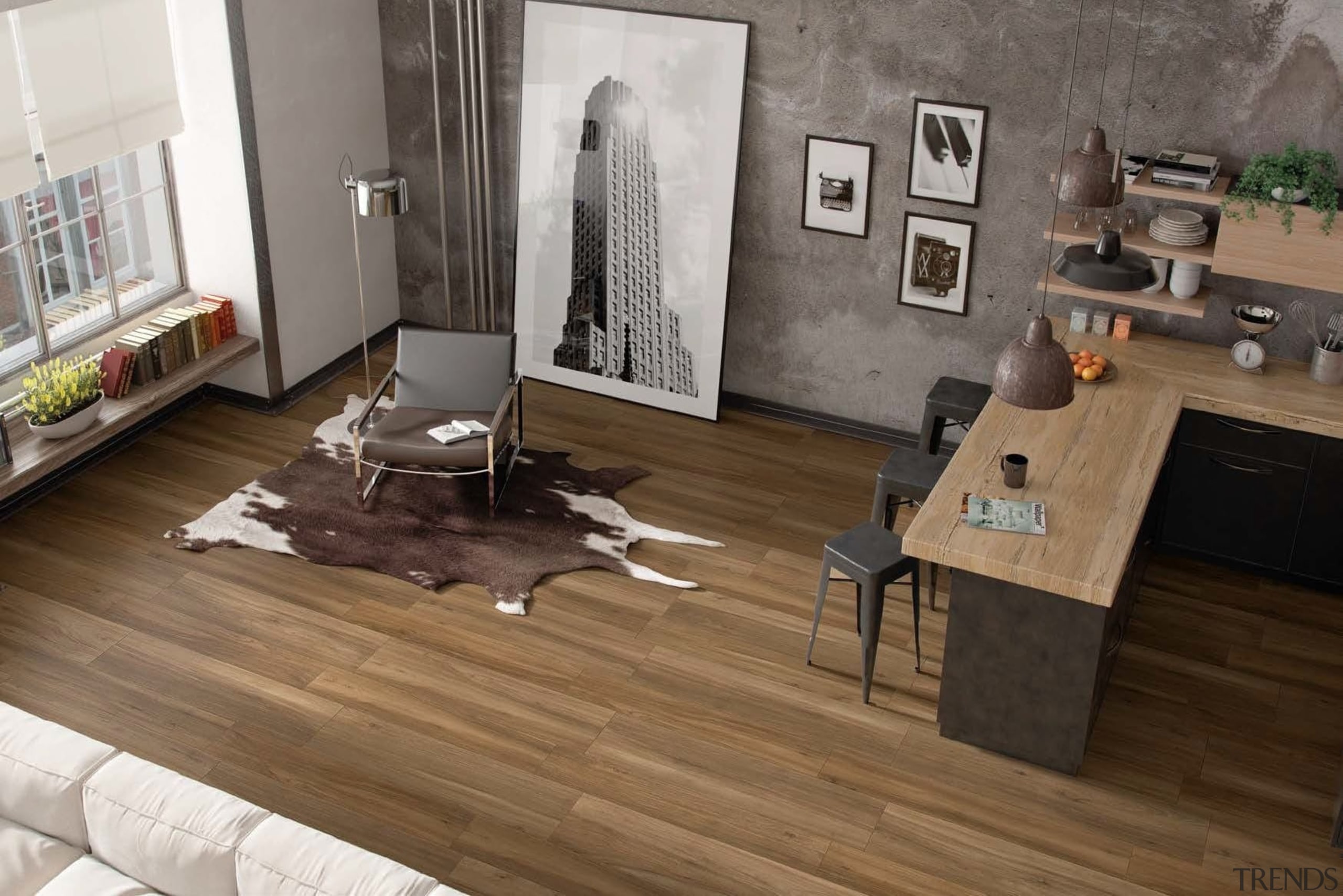 The Atelier range of glazed porcelain tiles emulates floor, flooring, furniture, hardwood, interior design, laminate flooring, living room, table, wood, wood flooring, brown