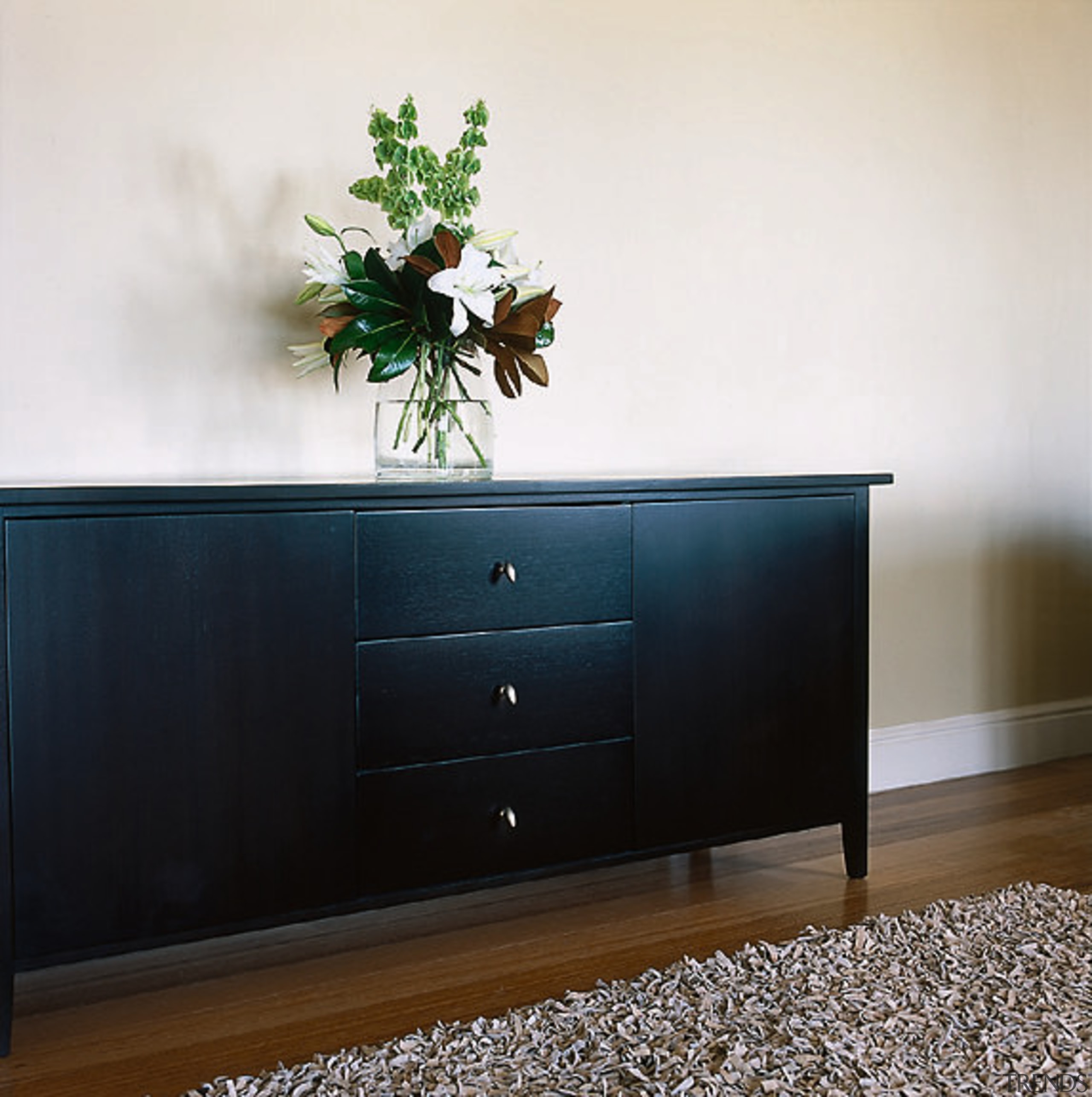 A photograph of Bos Design's Parnell buffet in chest of drawers, drawer, furniture, sideboard, table, wood stain, white, black