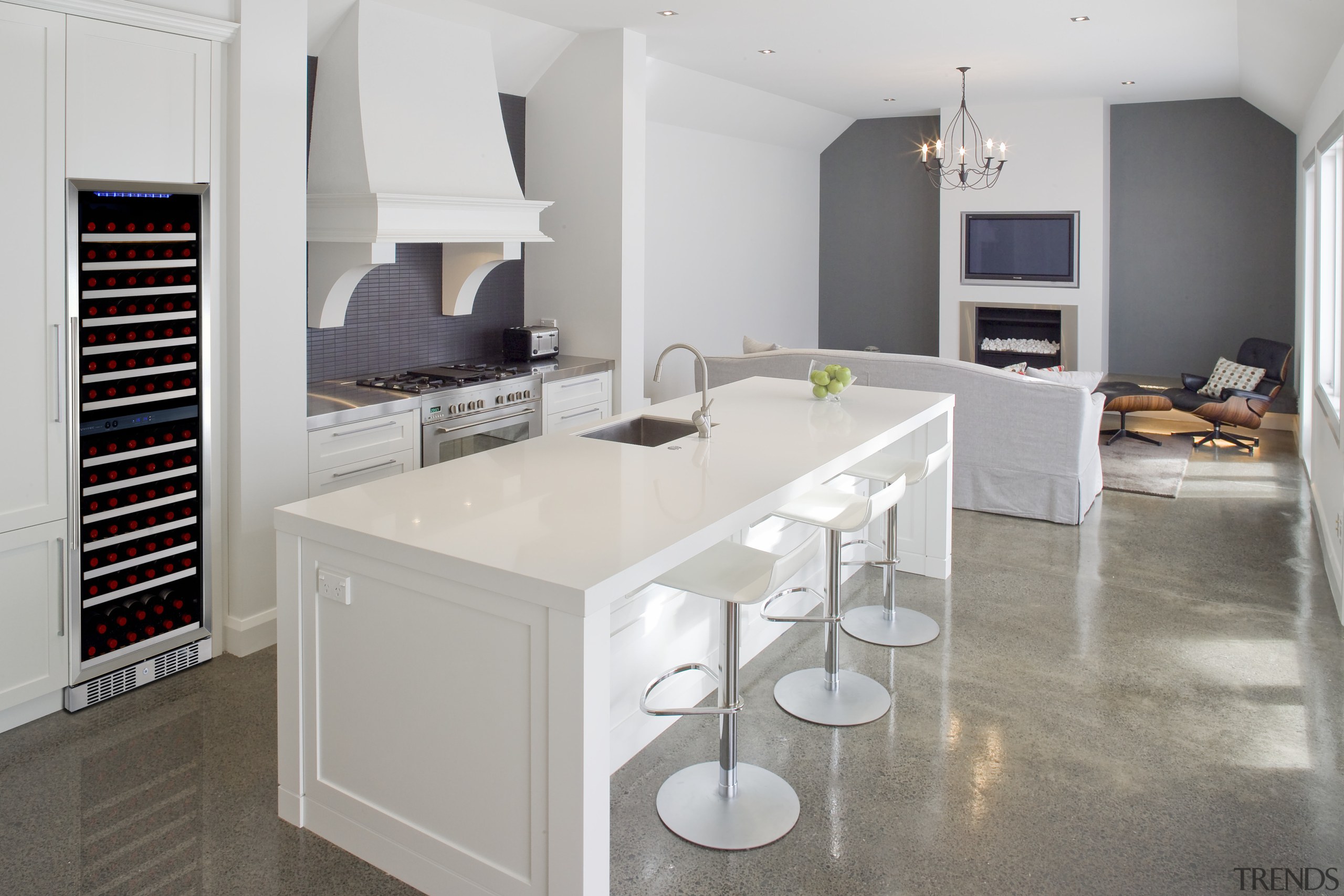 View of a kitchen which features a Vintec countertop, cuisine classique, floor, flooring, interior design, kitchen, real estate, room, gray