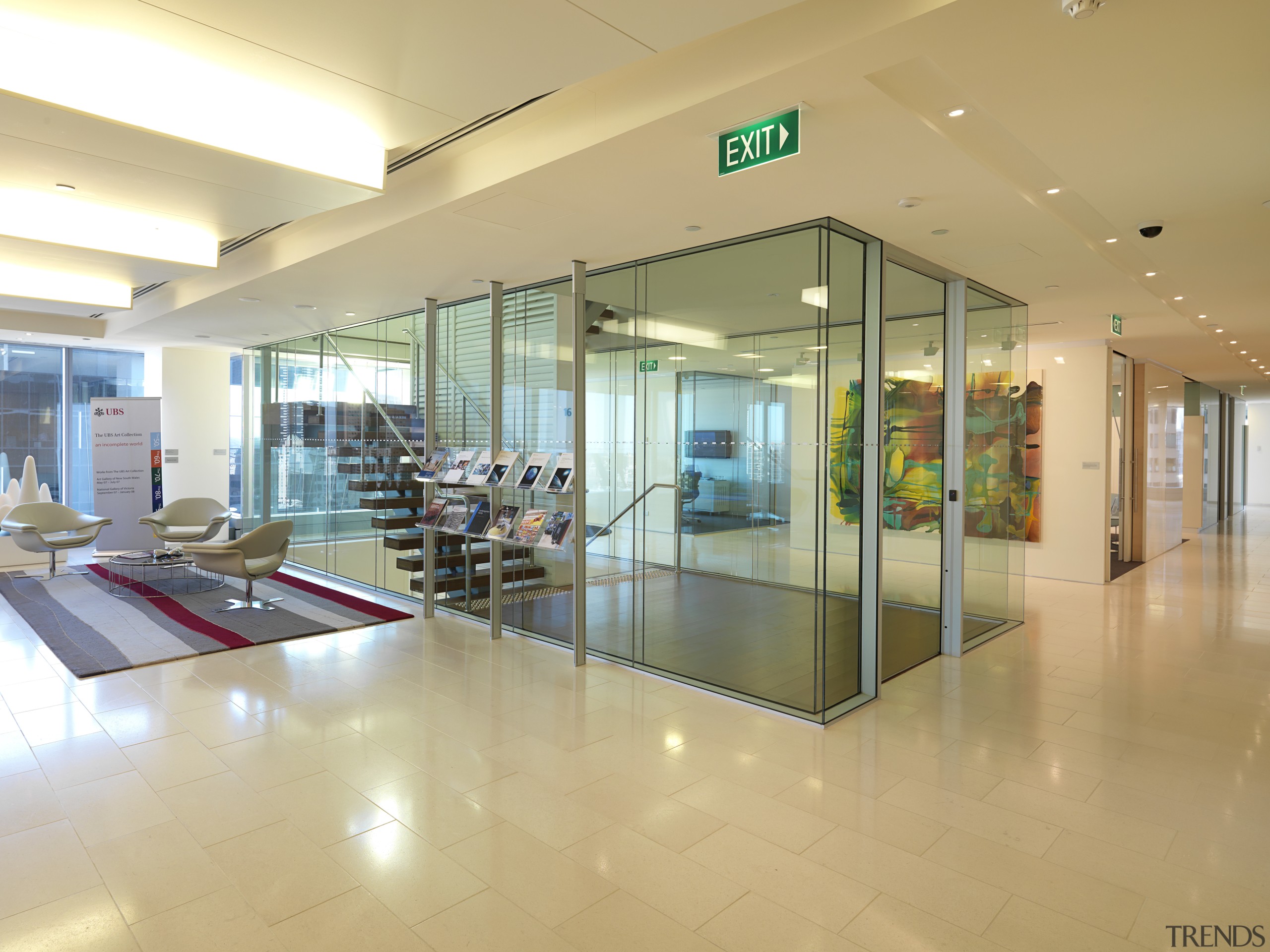 Glass and aluminium partitioning, ceilings, doors and decorative floor, flooring, glass, interior design, lobby, real estate, orange