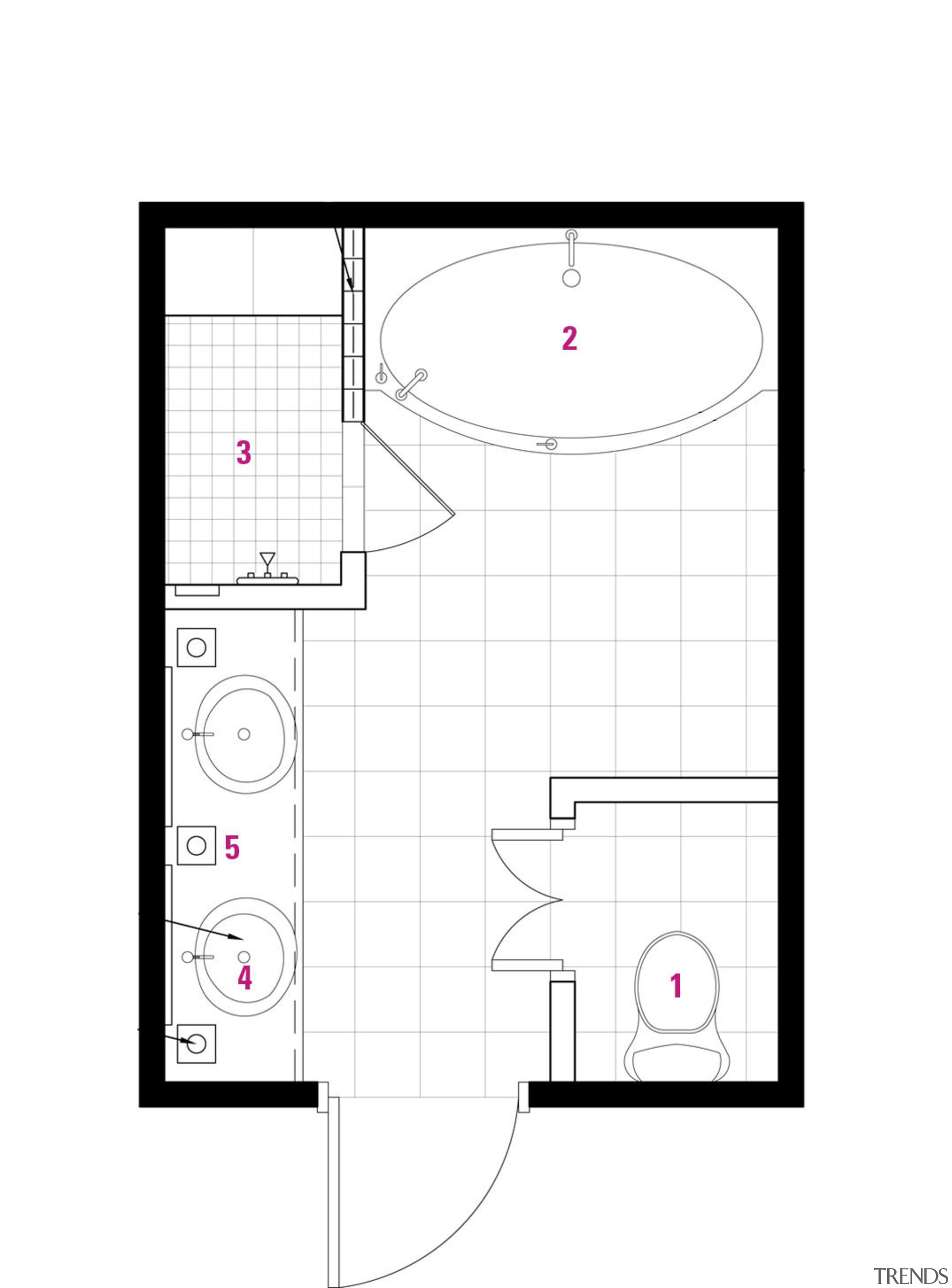 1 Toilets. 2 Bathtub. 3 Shower stall. 4 angle, area, design, diagram, drawing, floor plan, line, product design, white