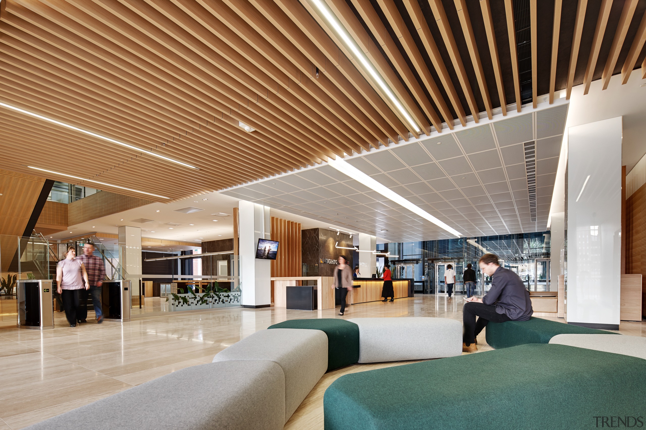 The new Charter Hall office reception area has architecture, ceiling, daylighting, interior design, lobby, gray, brown