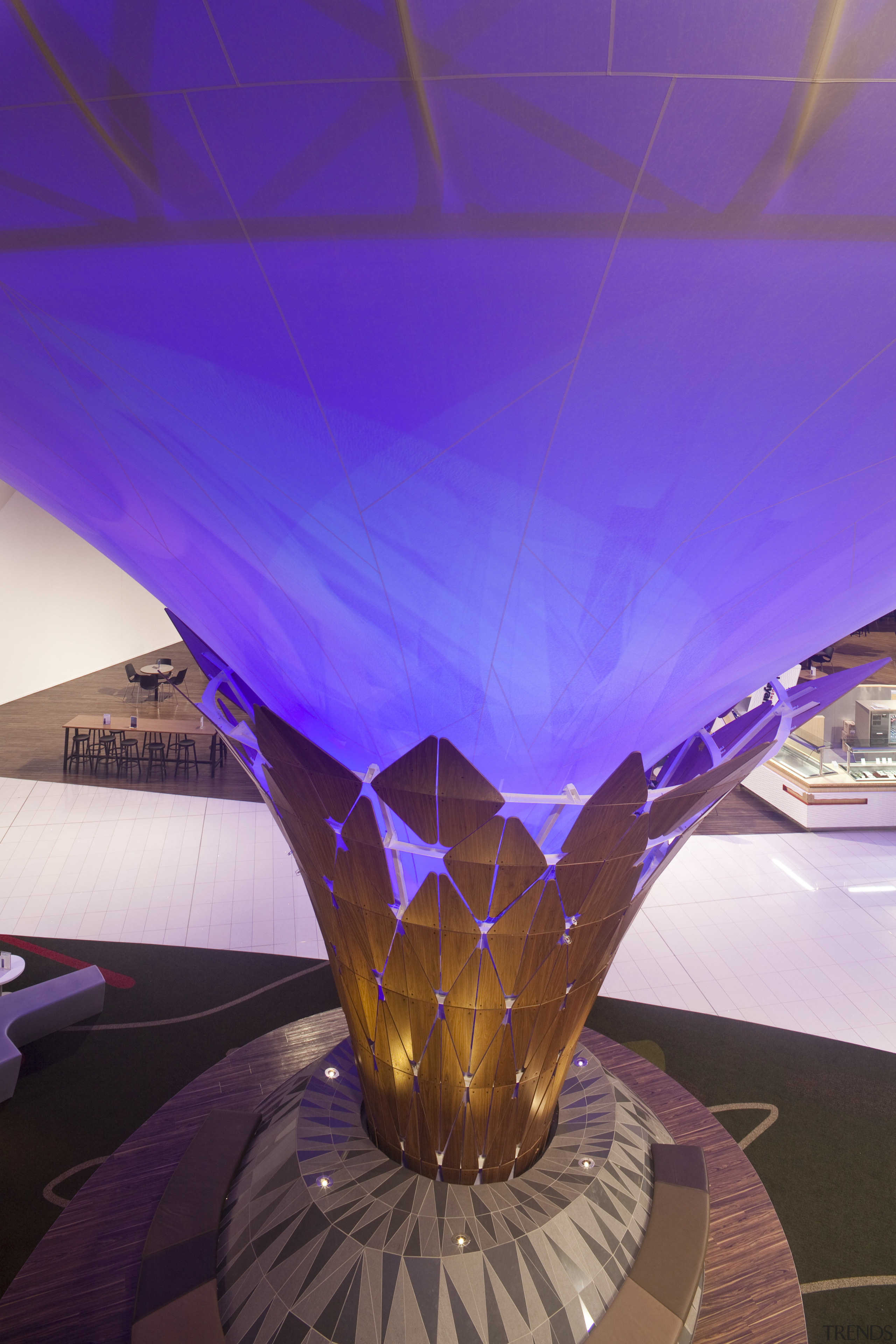 View of Auckland International Airport centrepiece, resembling the ceiling, light, purple, purple