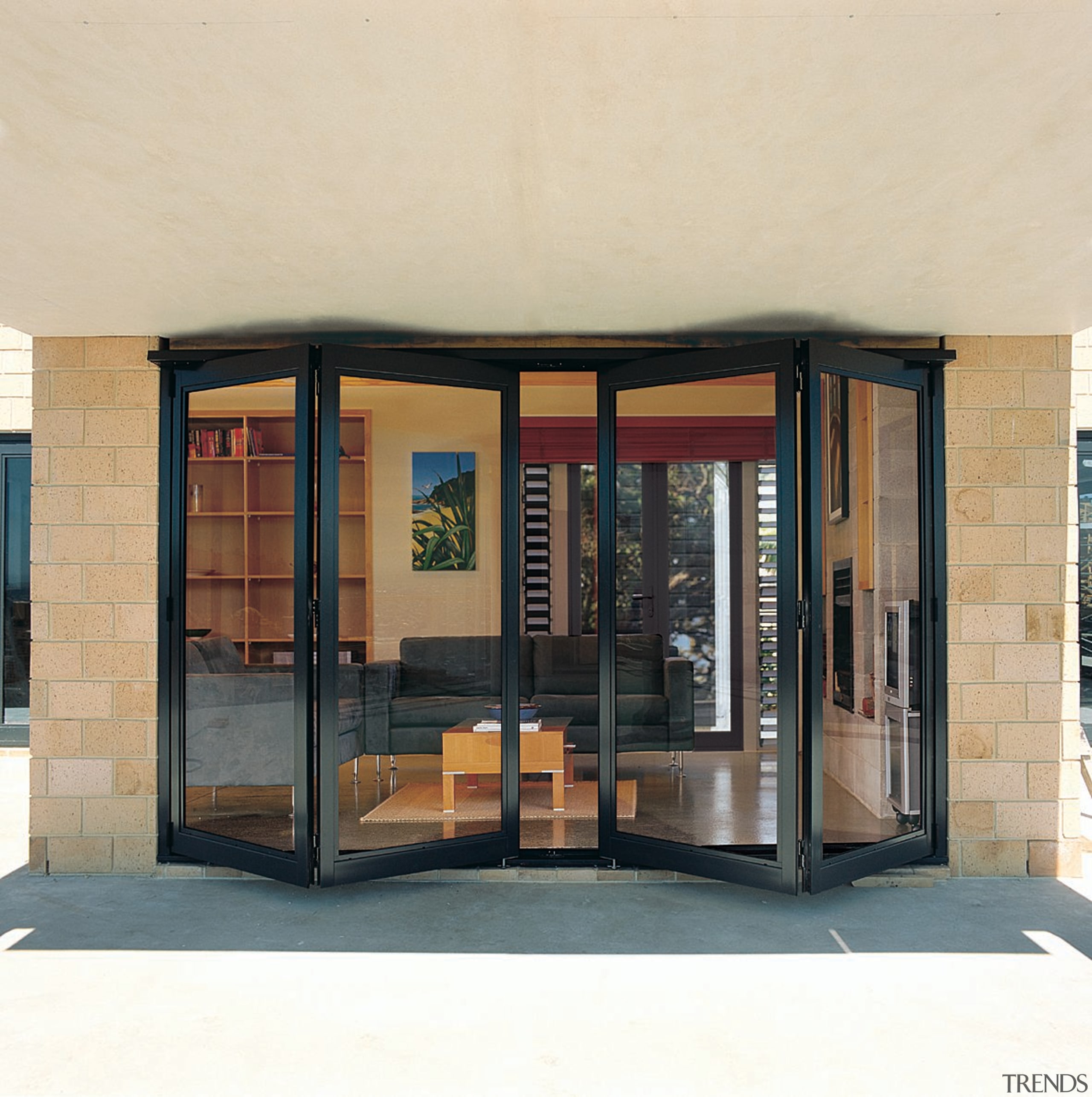 Foldback bifold doors open into living room - door, facade, window, yellow