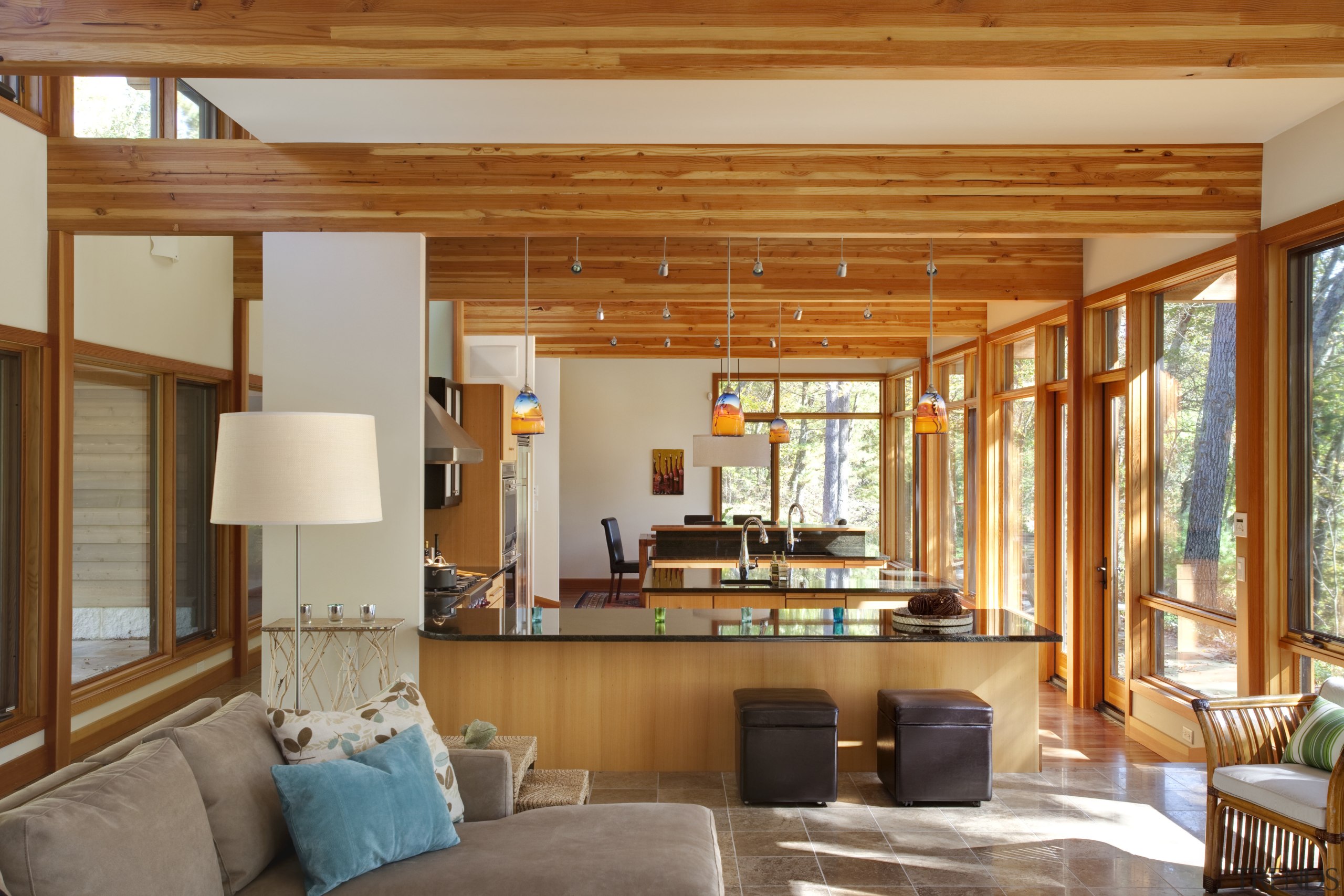 View of sunken open-plan kitchen with wooden cabinetry, beam, ceiling, home, house, interior design, living room, real estate, room, window, brown