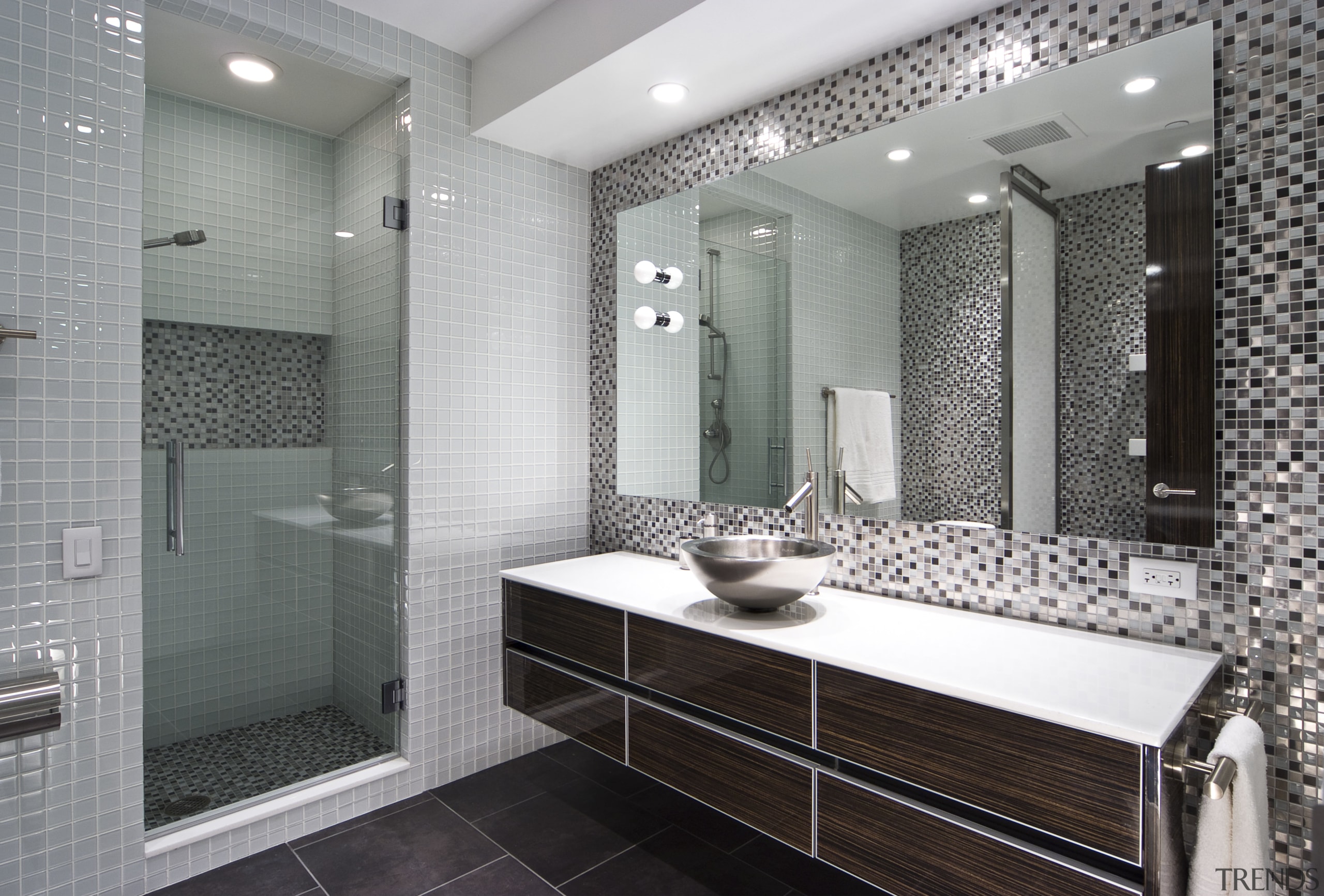 View of apartment bathroom designed by Design Elements bathroom, ceiling, floor, flooring, interior design, room, tile, wall, gray