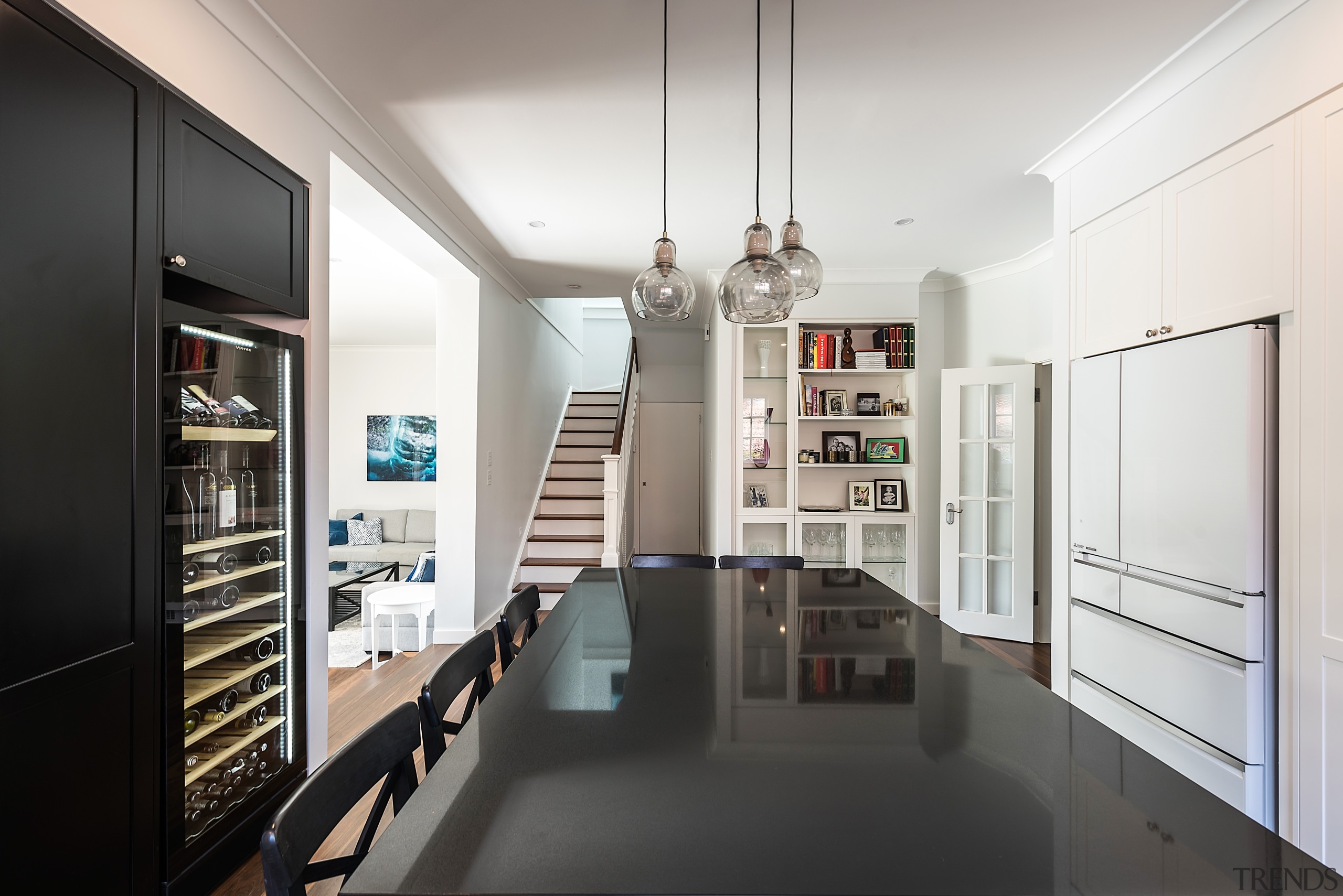 ​​​​​​​In this entertainer’s kitchen, the black pantry on interior design, white, black, kitchen, kitchen design, IL Kitchens, cabinetry, 