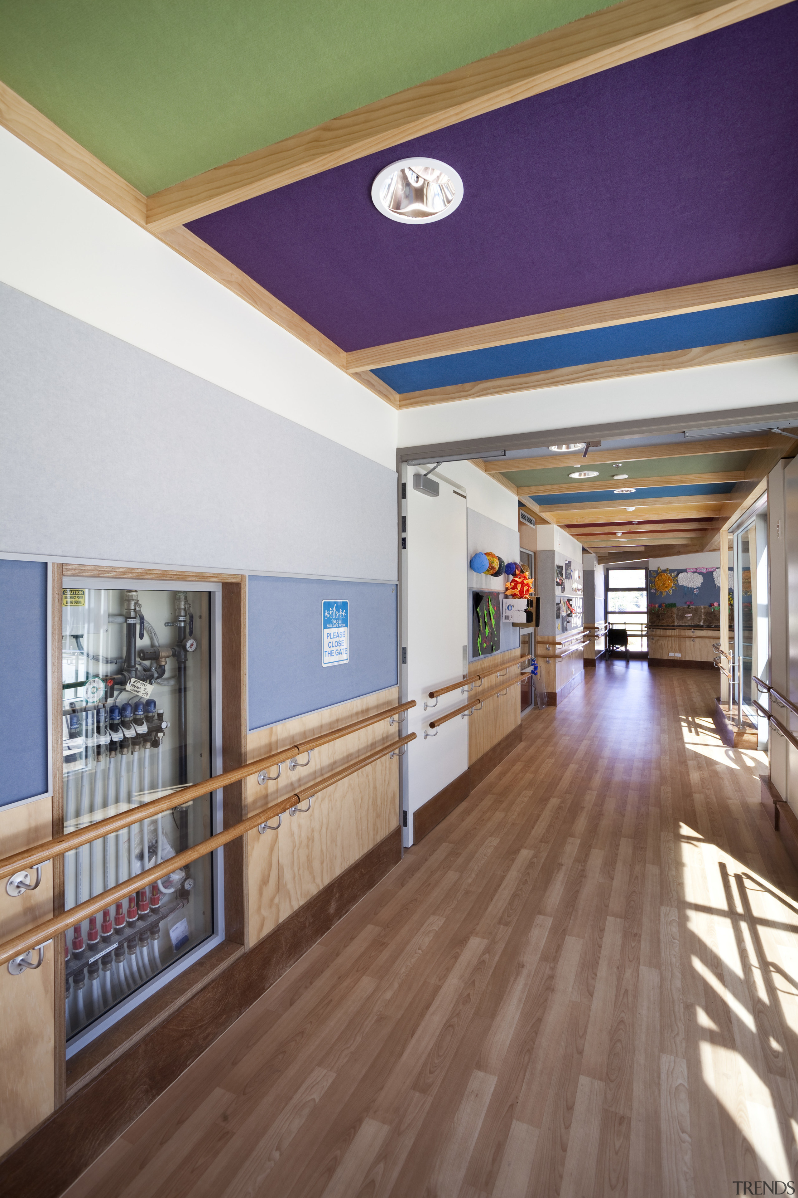 View of walkway with wooden flooring. - View ceiling, daylighting, floor, flooring, hardwood, interior design, lobby, real estate, wood, brown