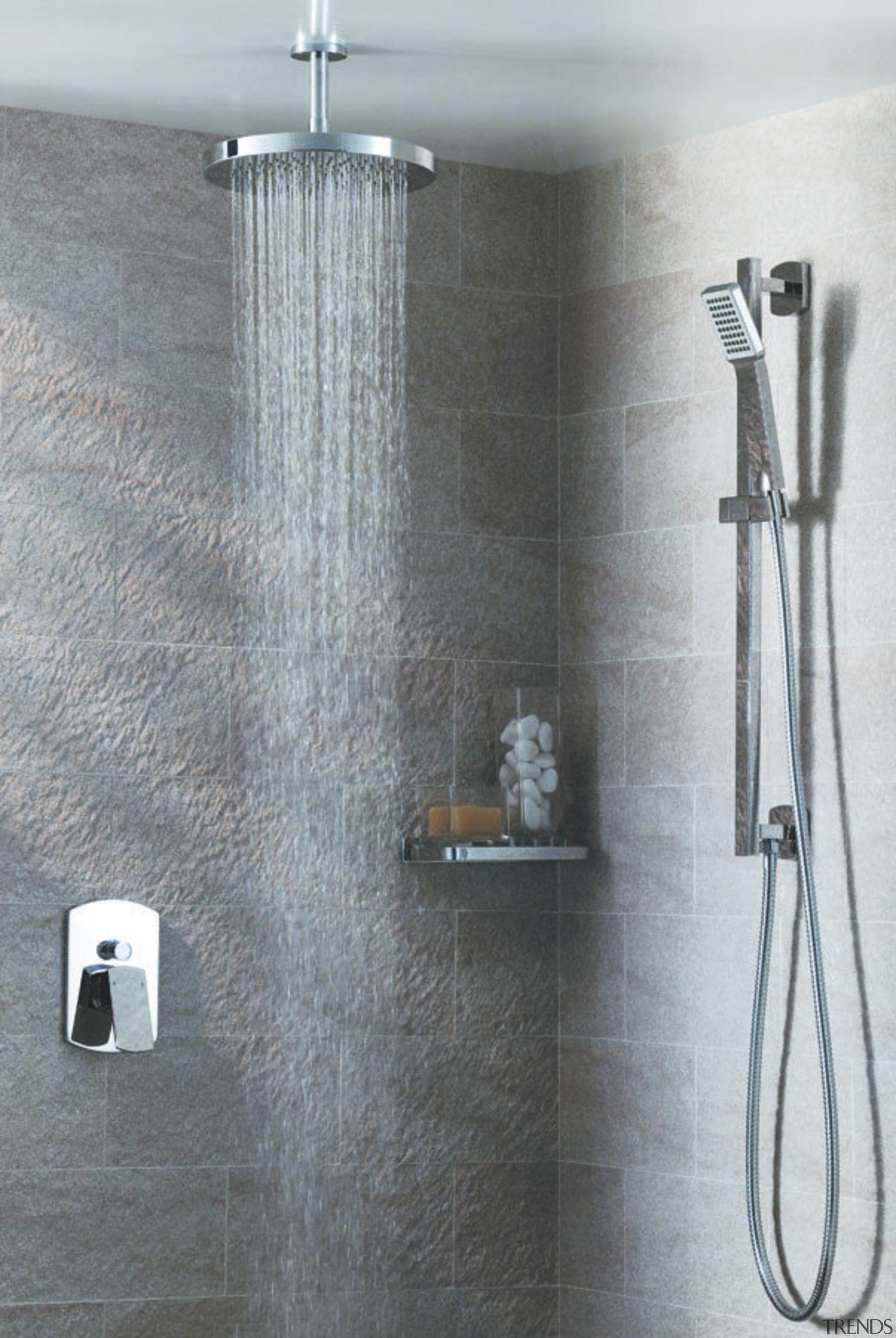 View of contemporary grey shower. - View of bathroom, plumbing fixture, shower, tap, wall, gray