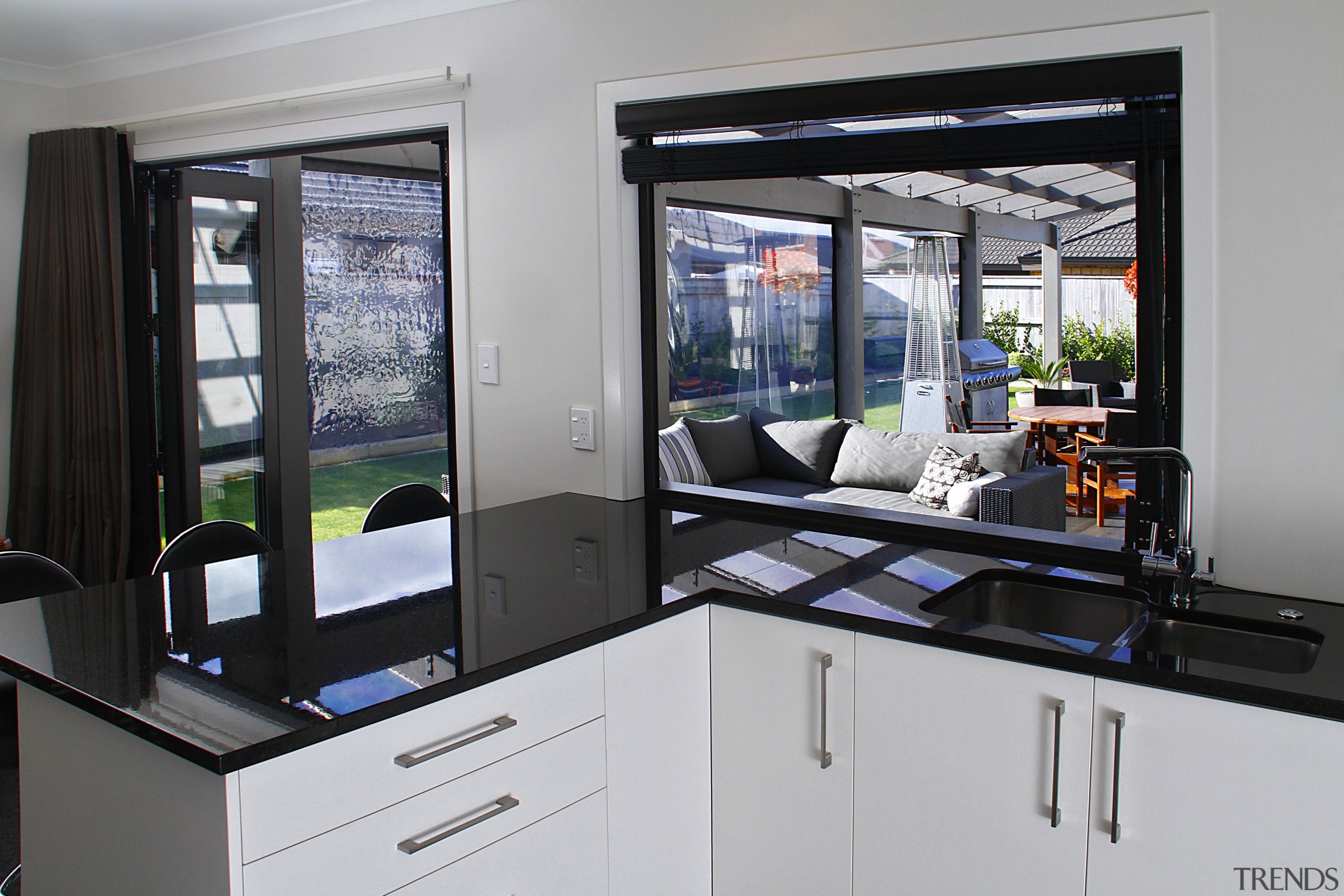 French doors to the outdoor area - home home appliance, kitchen, window, gray, black