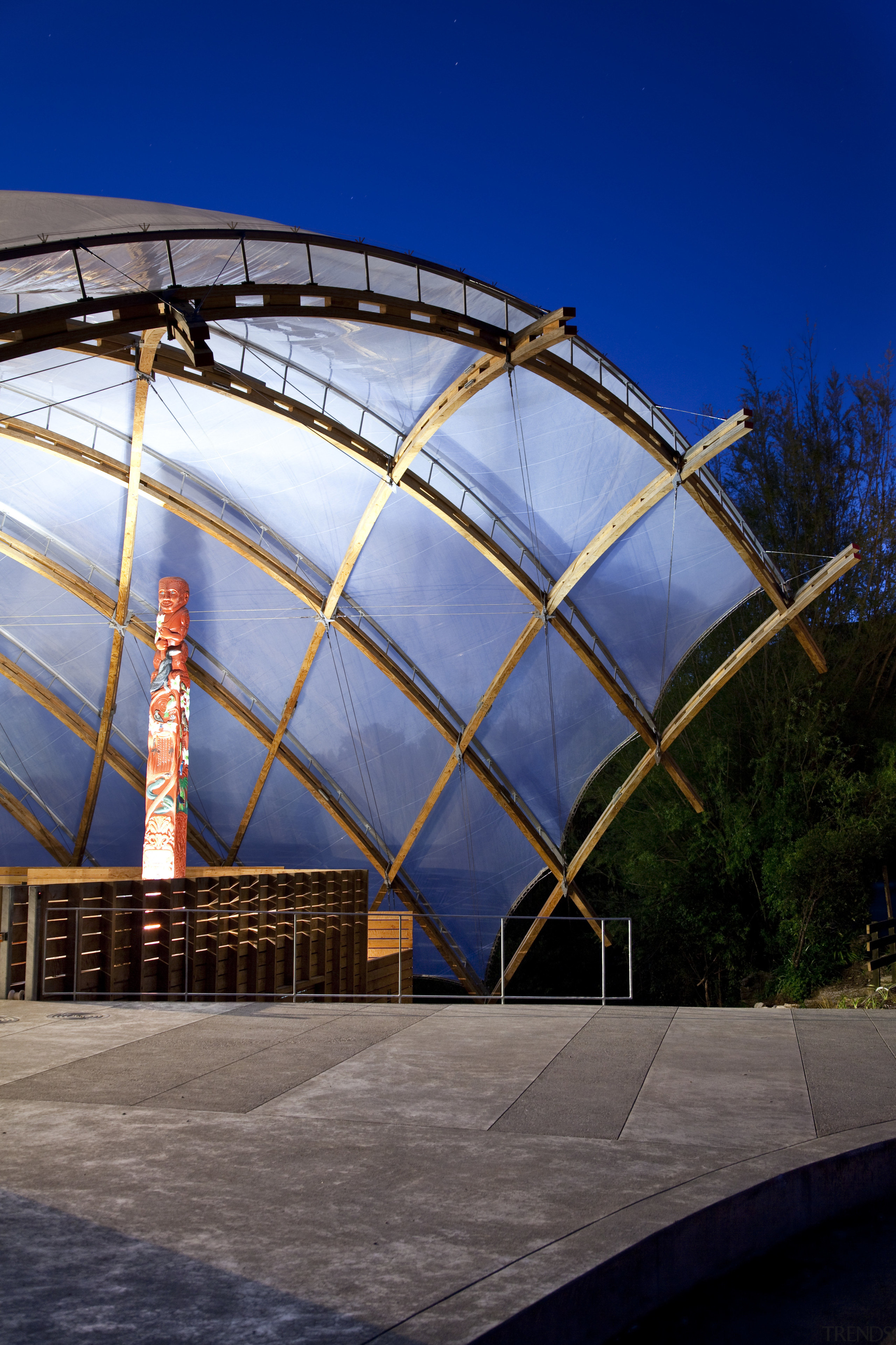 View of the canopy at the Waitomo Caves architecture, building, cloud, daylighting, daytime, dome, landmark, roof, sky, structure, sunlight, tourist attraction, blue