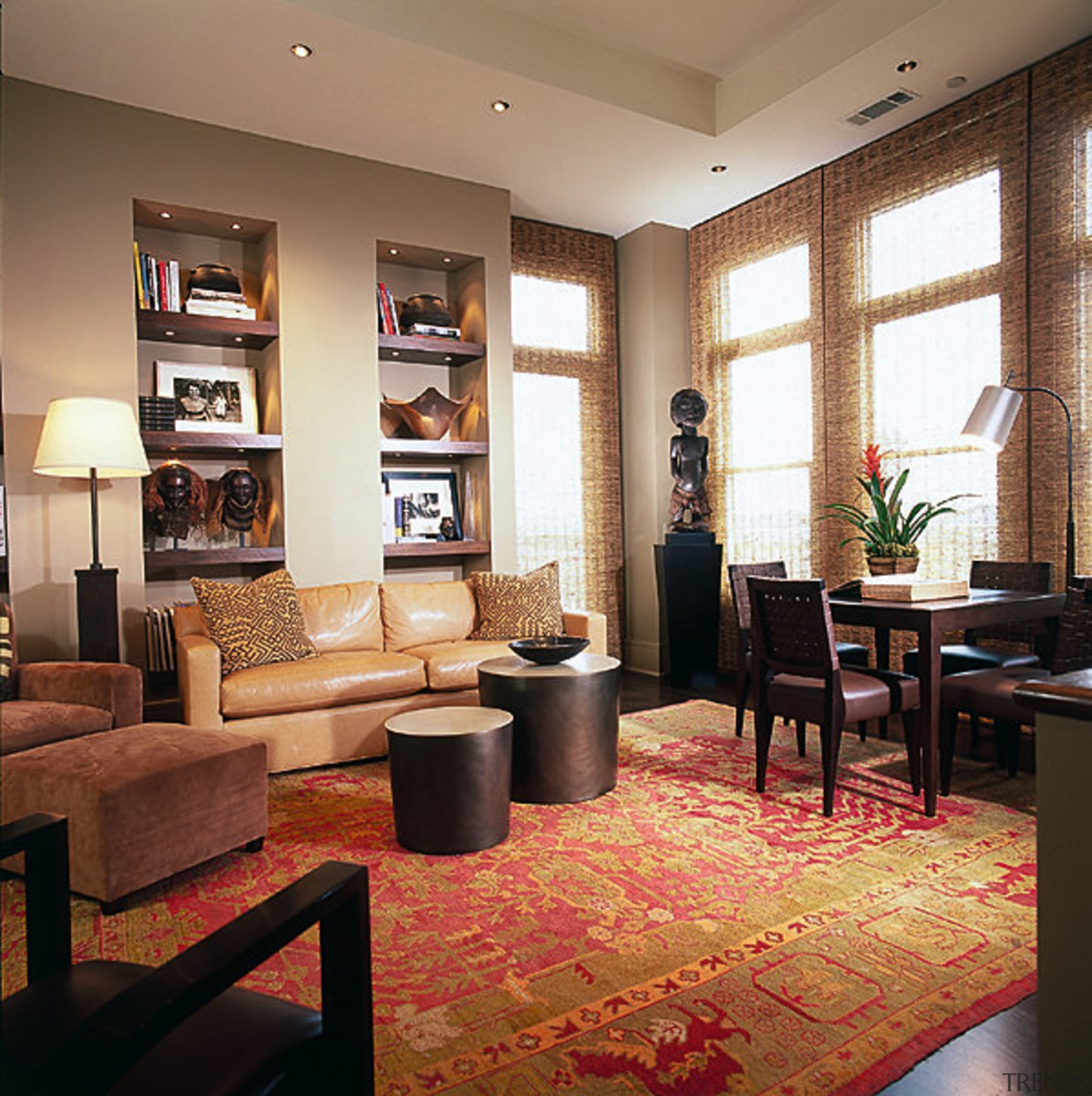 A view of the lounge area with shelved ceiling, furniture, interior design, living room, lobby, room, brown