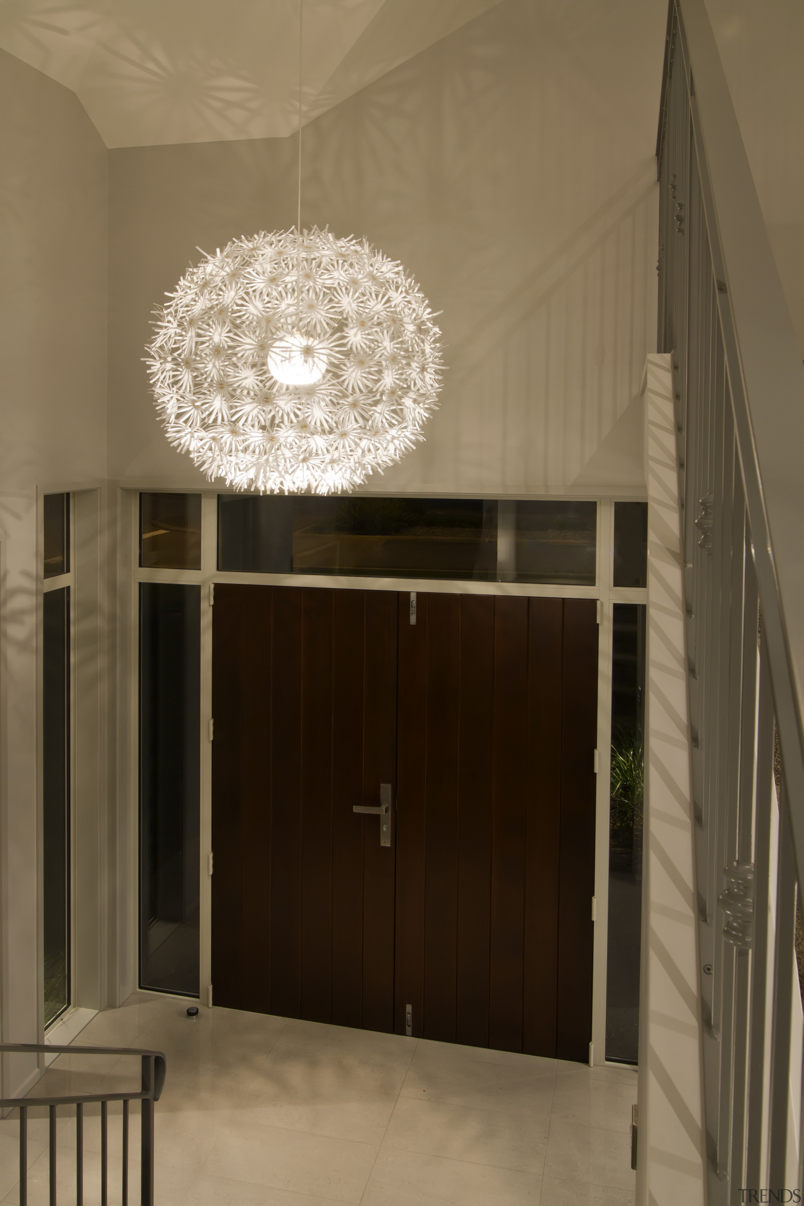 Inside view of front door. - Inside view architecture, ceiling, daylighting, home, house, interior design, light fixture, lighting, lobby, brown