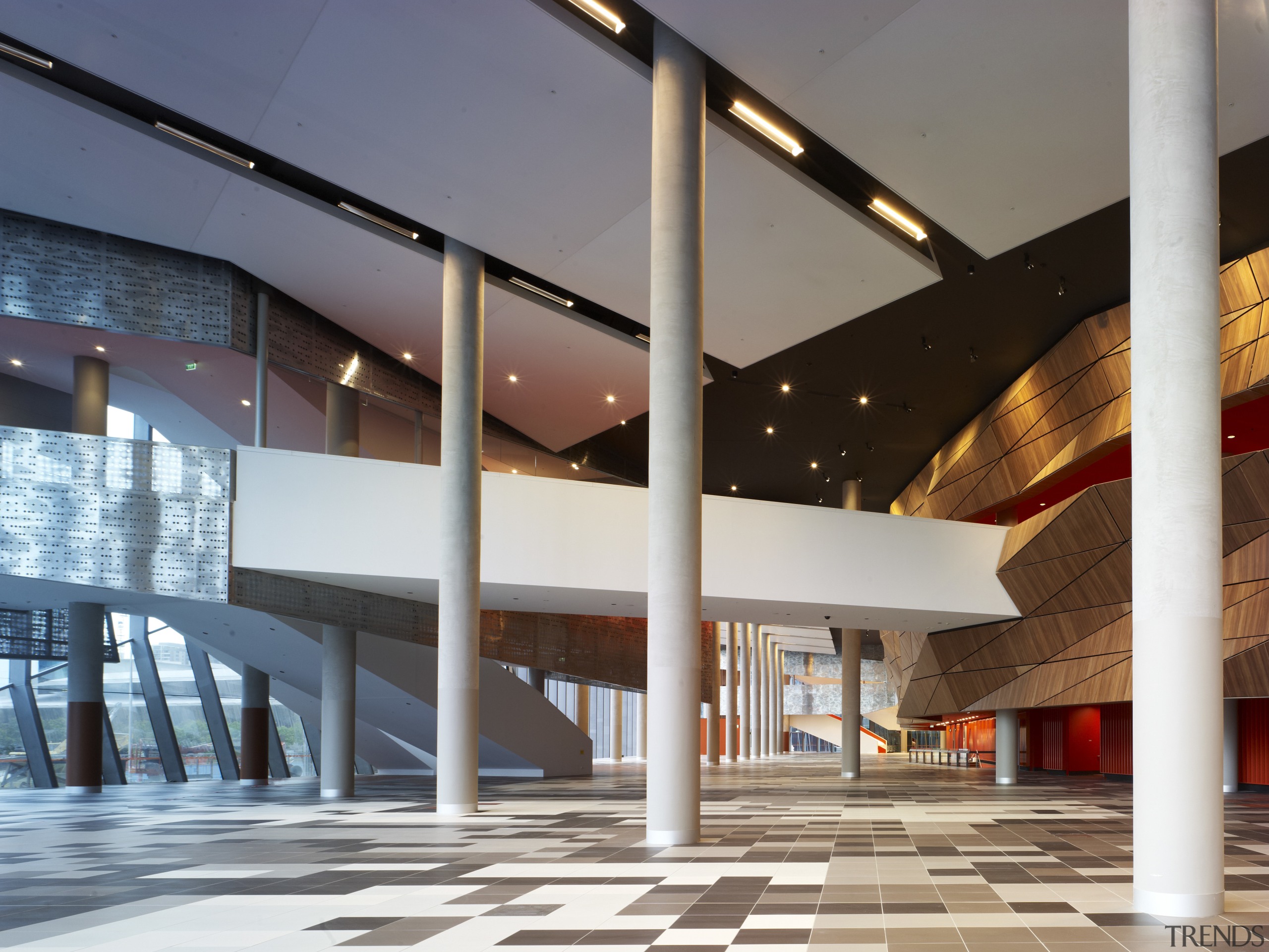 Interior view of the Melbourne Convention Centre foyer architecture, ceiling, daylighting, interior design, lobby, structure, gray, white
