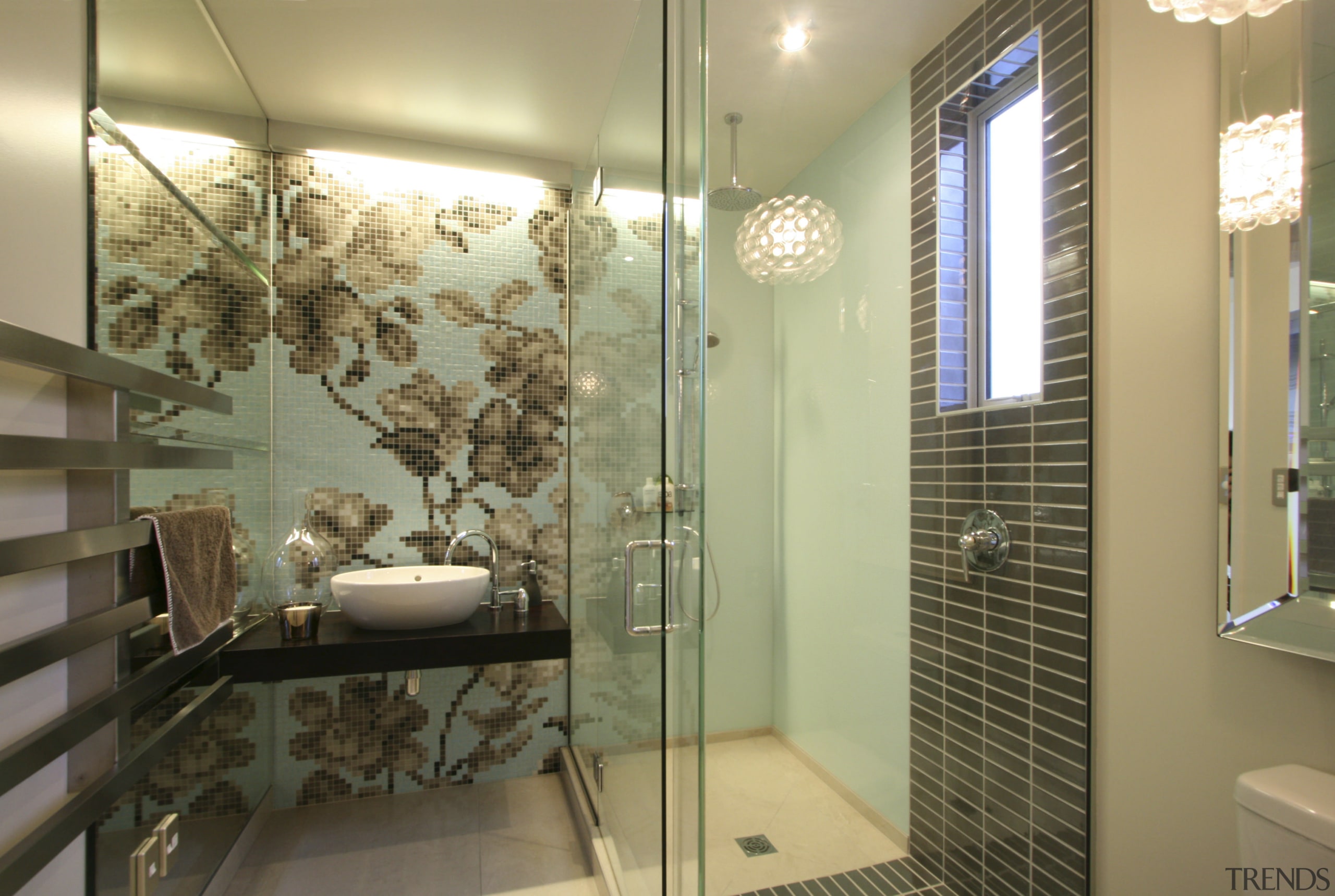 View of DJ Hewitt house built on a bathroom, glass, home, interior design, room, brown