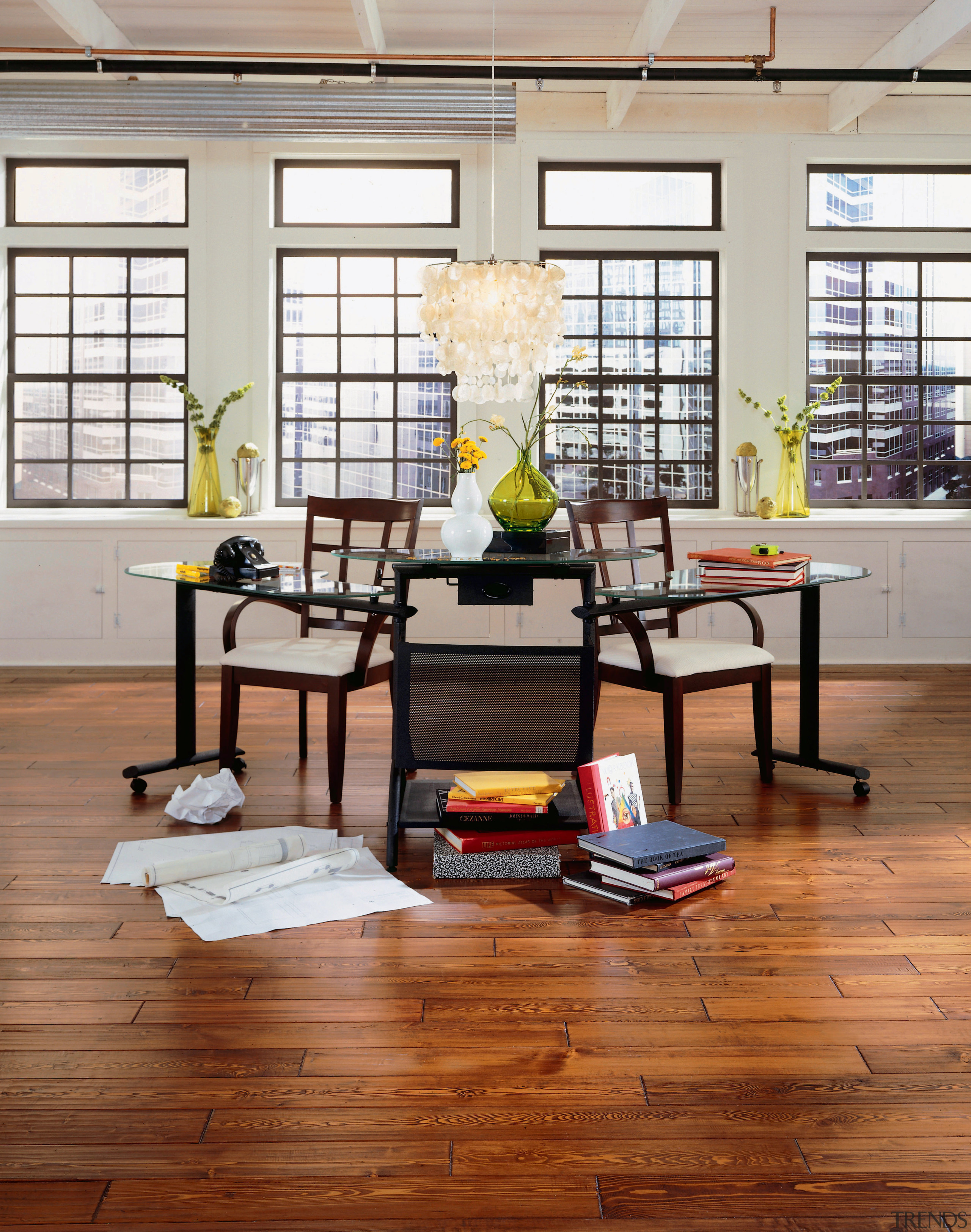 A view of some wooden flooring by Anderson chair, floor, flooring, furniture, hardwood, home, interior design, laminate flooring, living room, loft, room, table, wood, wood flooring, gray, brown