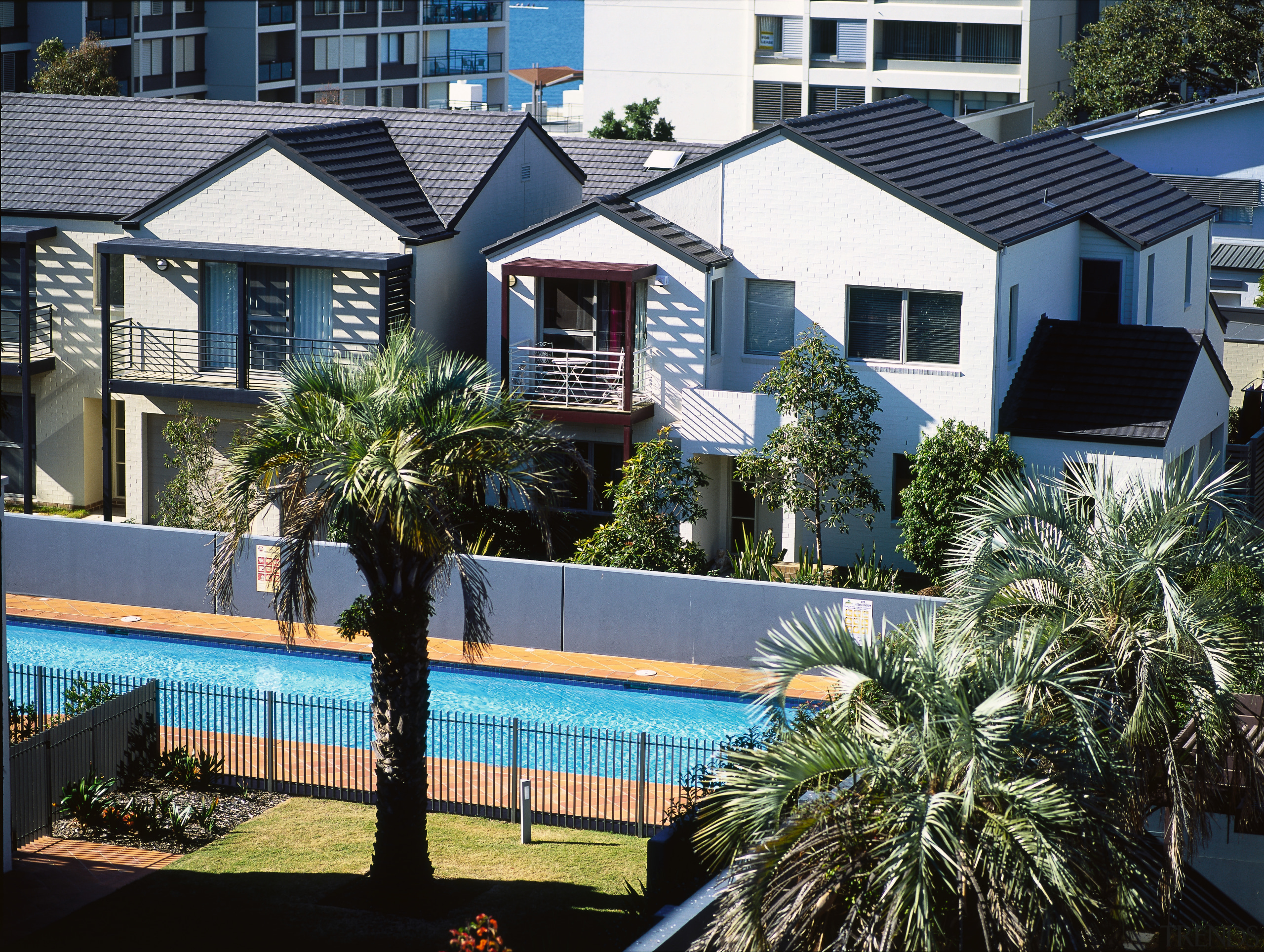 White two storey houses with grey concrete roof apartment, condominium, elevation, estate, home, house, neighbourhood, property, real estate, residential area, resort, swimming pool, villa, black