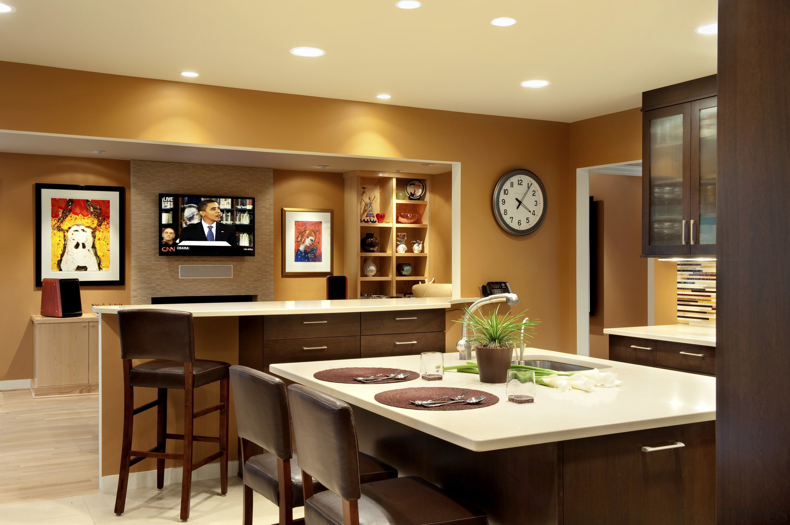 Prior to the remodel of this kitchen, a countertop, dining room, interior design, kitchen, room, table, brown, orange