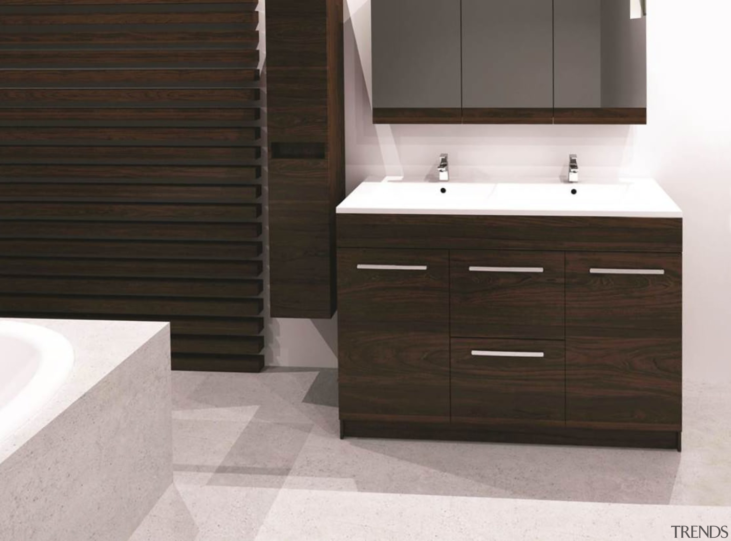 Many of the Elementi vanities feature Bestwood woodgrain. bathroom, bathroom accessory, bathroom cabinet, cabinetry, chest of drawers, countertop, drawer, floor, flooring, hardwood, plumbing fixture, product, product design, sink, tile, wood stain, black, white