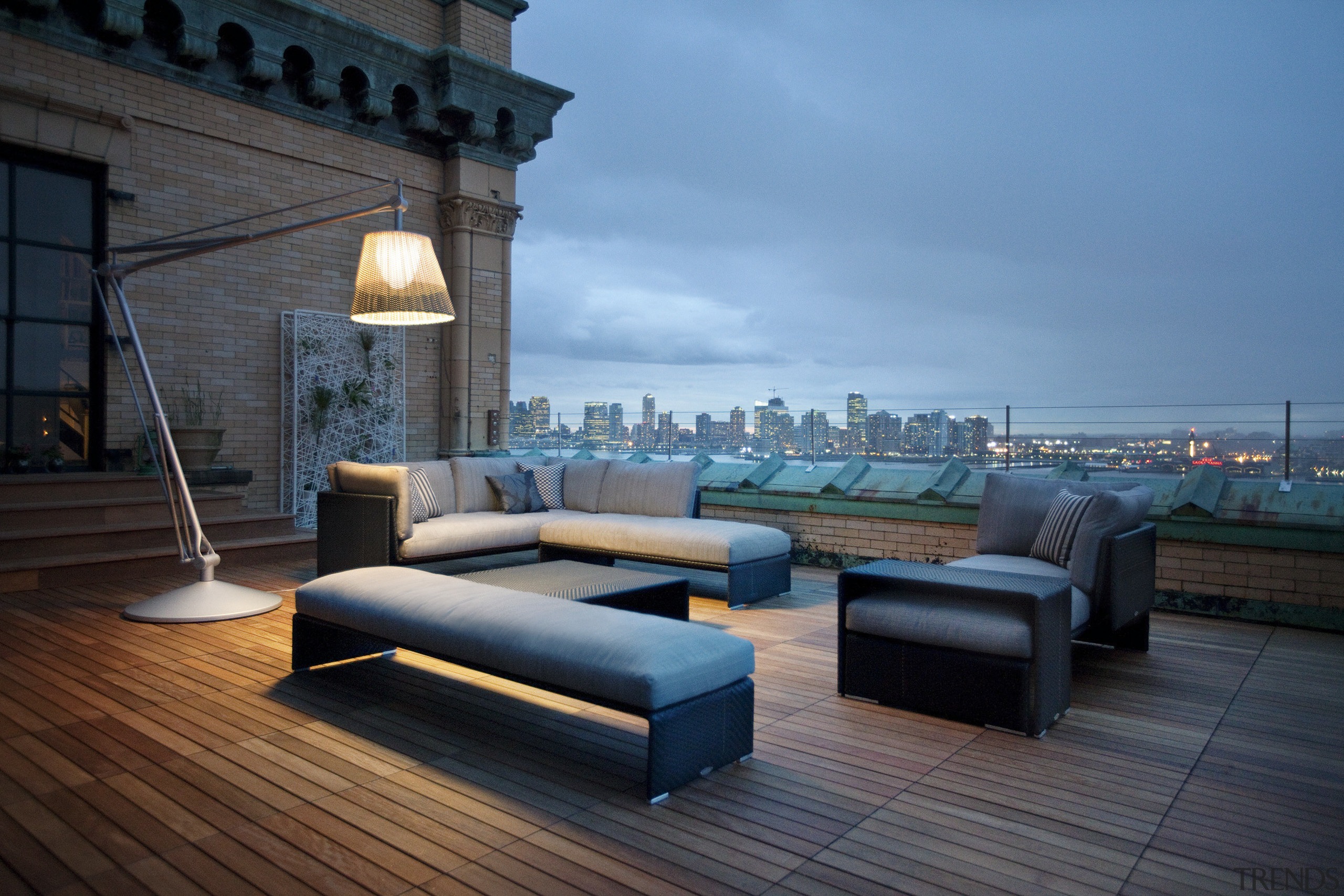 Outdoor furniutre on wooden patio with lamp and apartment, furniture, interior design, lighting, penthouse apartment, real estate, table, teal, black