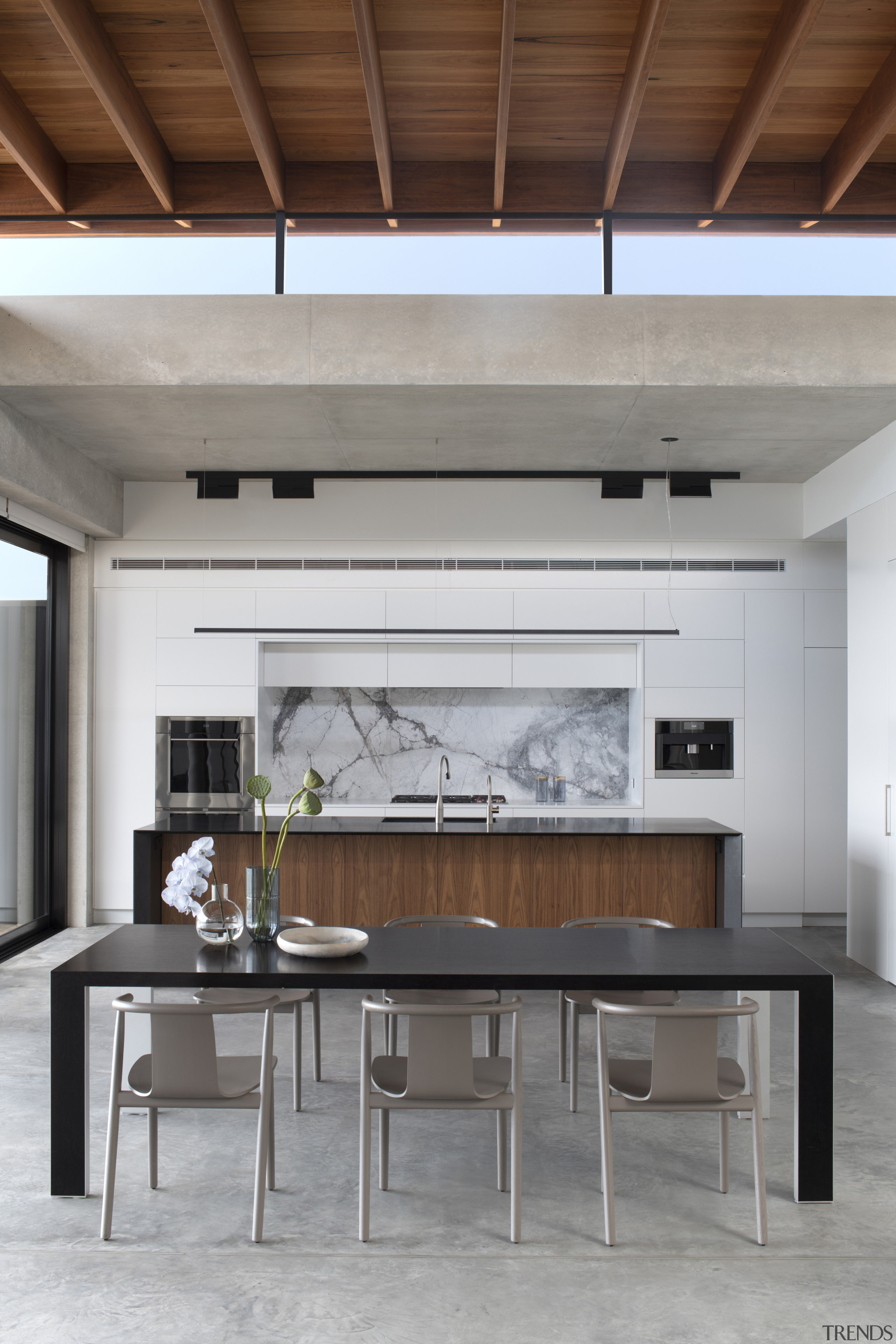 ​​​​​​​A serene kitchen in a serene home, this architecture, building, ceiling, coffee table, daylighting, design, dining room, floor, flooring, furniture, hardwood, home, house, interior design, living room, loft, property, room, table, wall, wood, wood flooring, gray