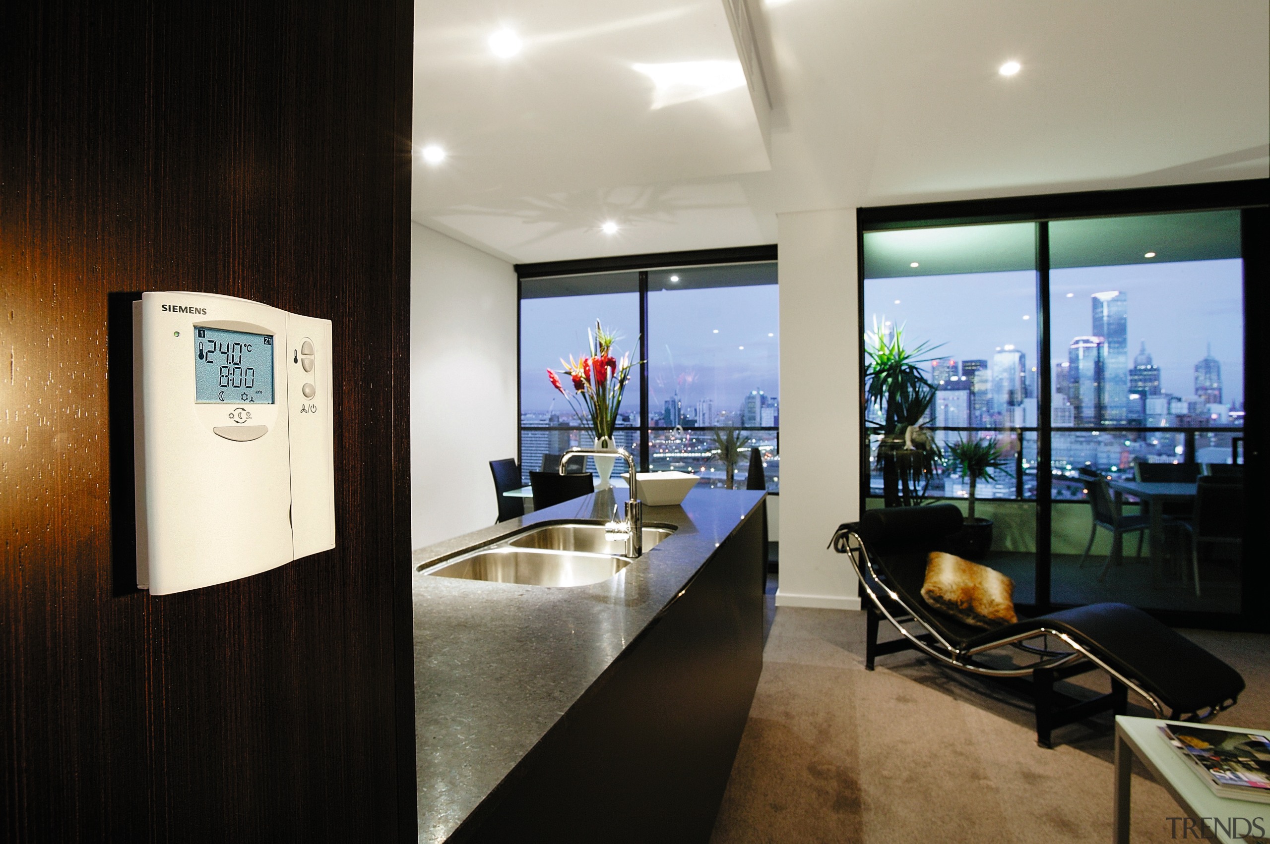 Open plan kitchen and lounge area with climate interior design, real estate, black, gray