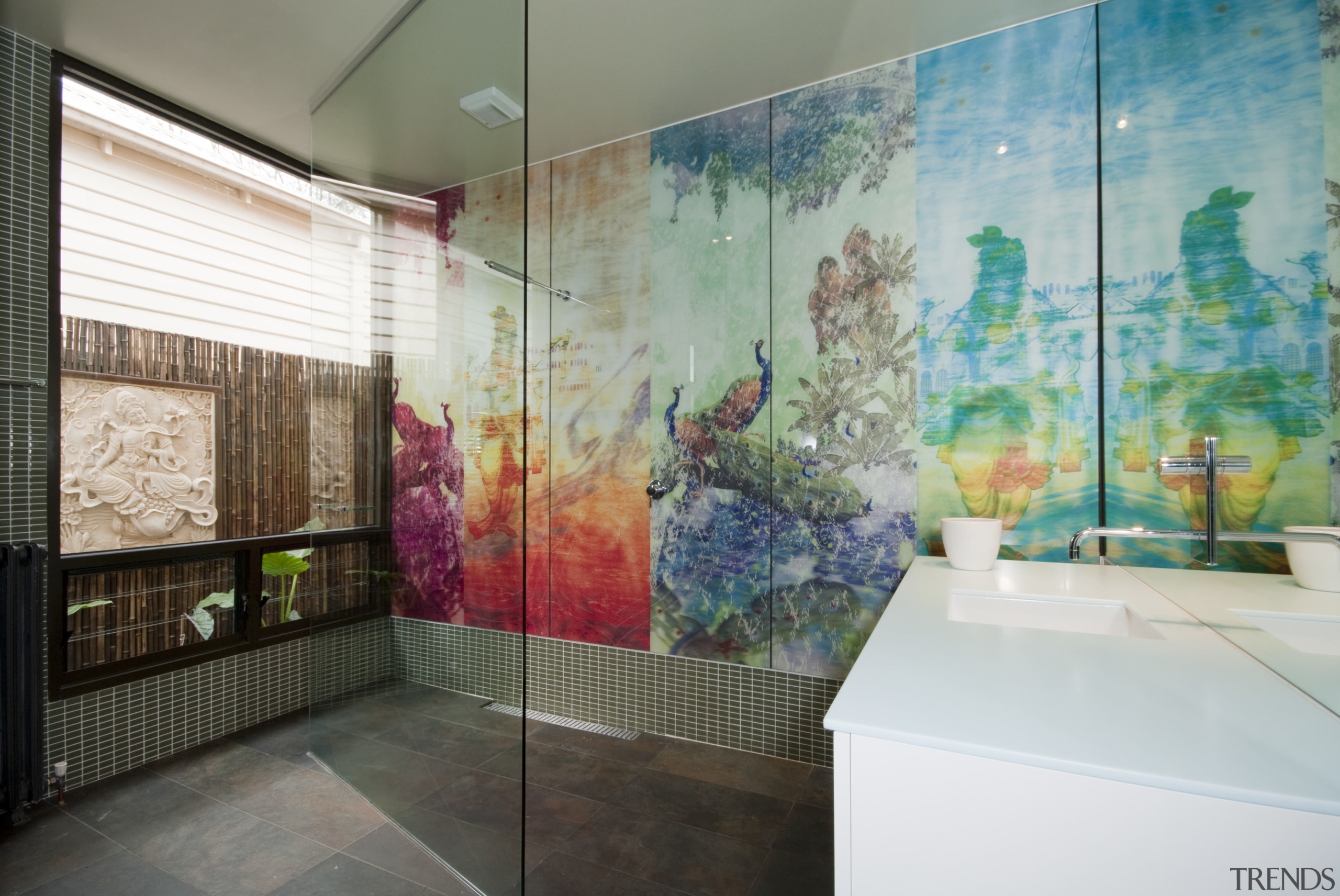Bathroom with  and colourful wall print. - art, ceiling, glass, interior design, mural, painting, room, tourist attraction, wall, gray