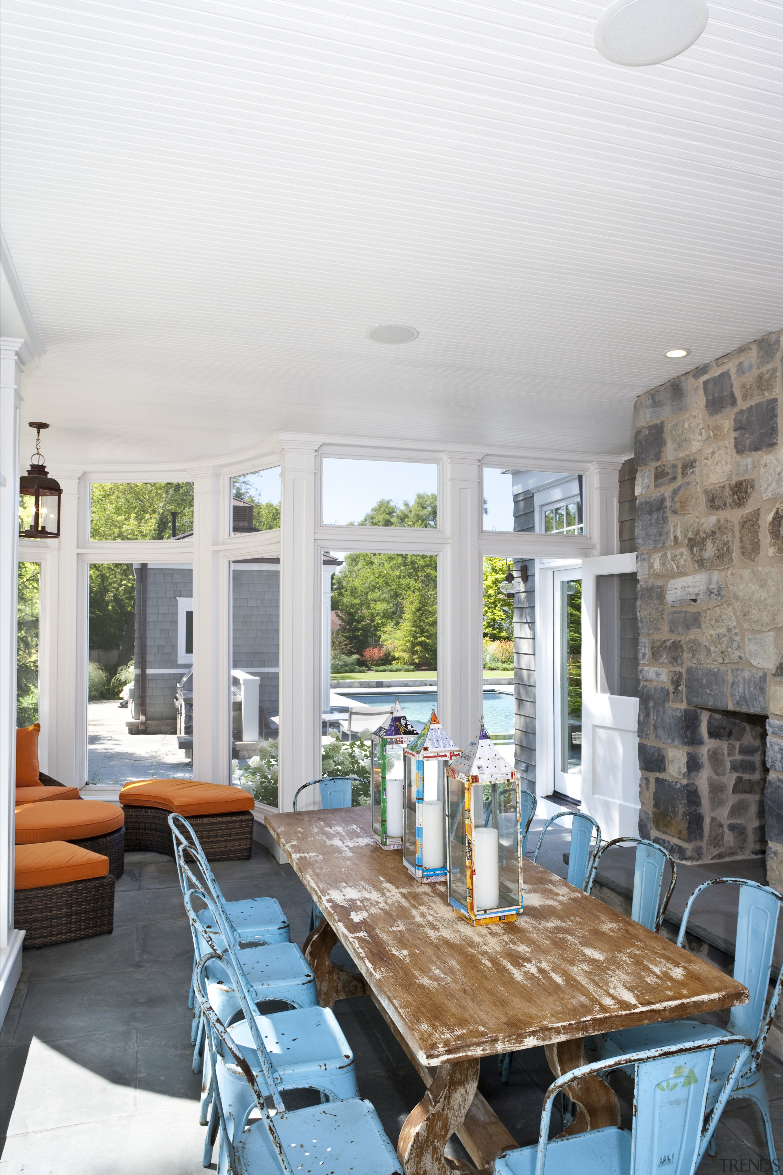 View of pool house dining area. - View ceiling, home, house, interior design, living room, porch, real estate, table, window, white