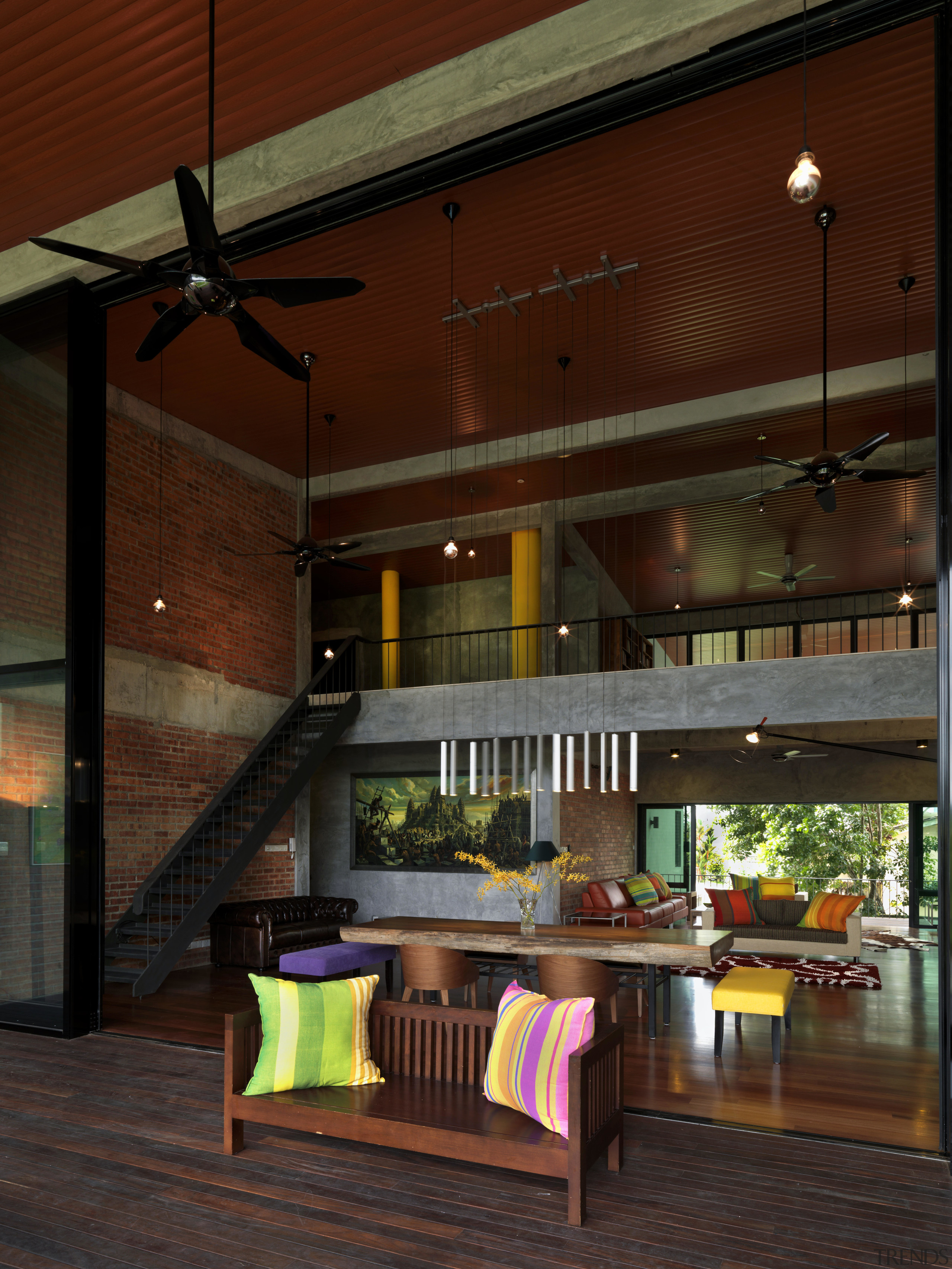This house was designed by Dr Tan Loke interior design, lighting, lobby, patio, table, brown, red