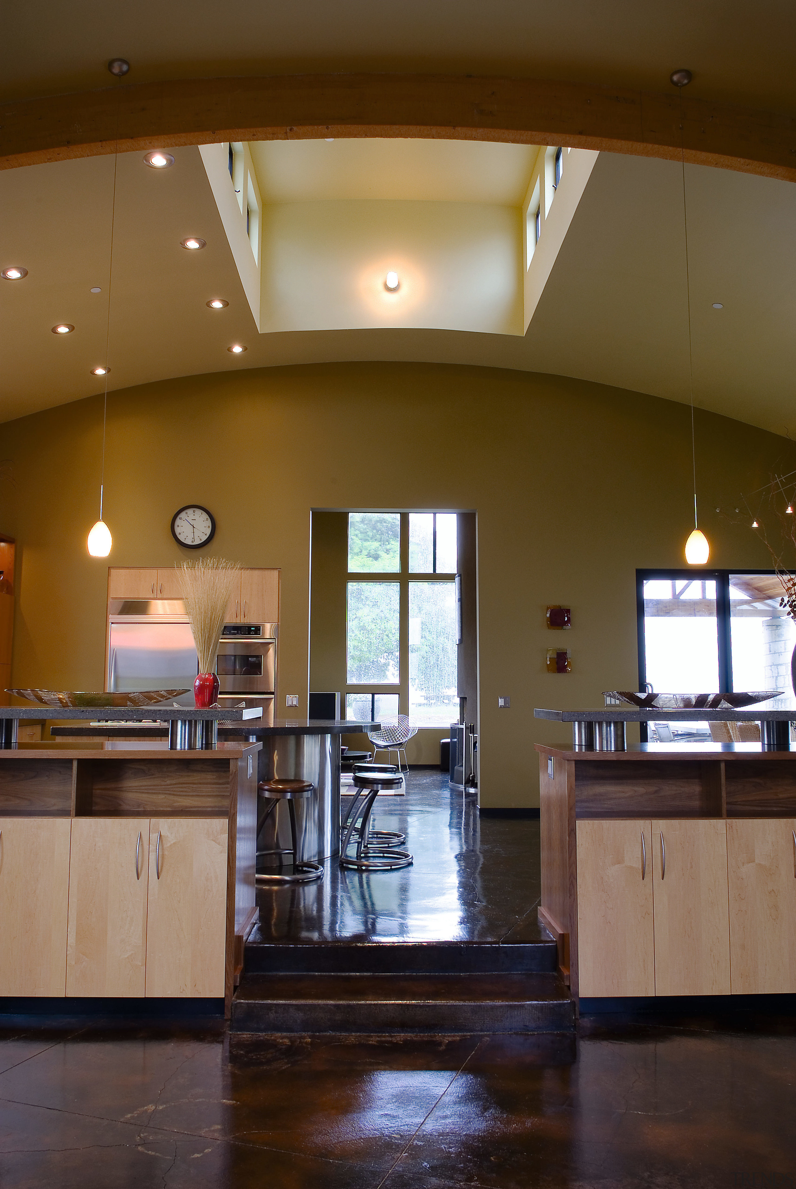 A view of the Kitchen and dining area ceiling, countertop, daylighting, floor, flooring, hardwood, home, interior design, kitchen, lobby, room, wood, wood flooring, brown