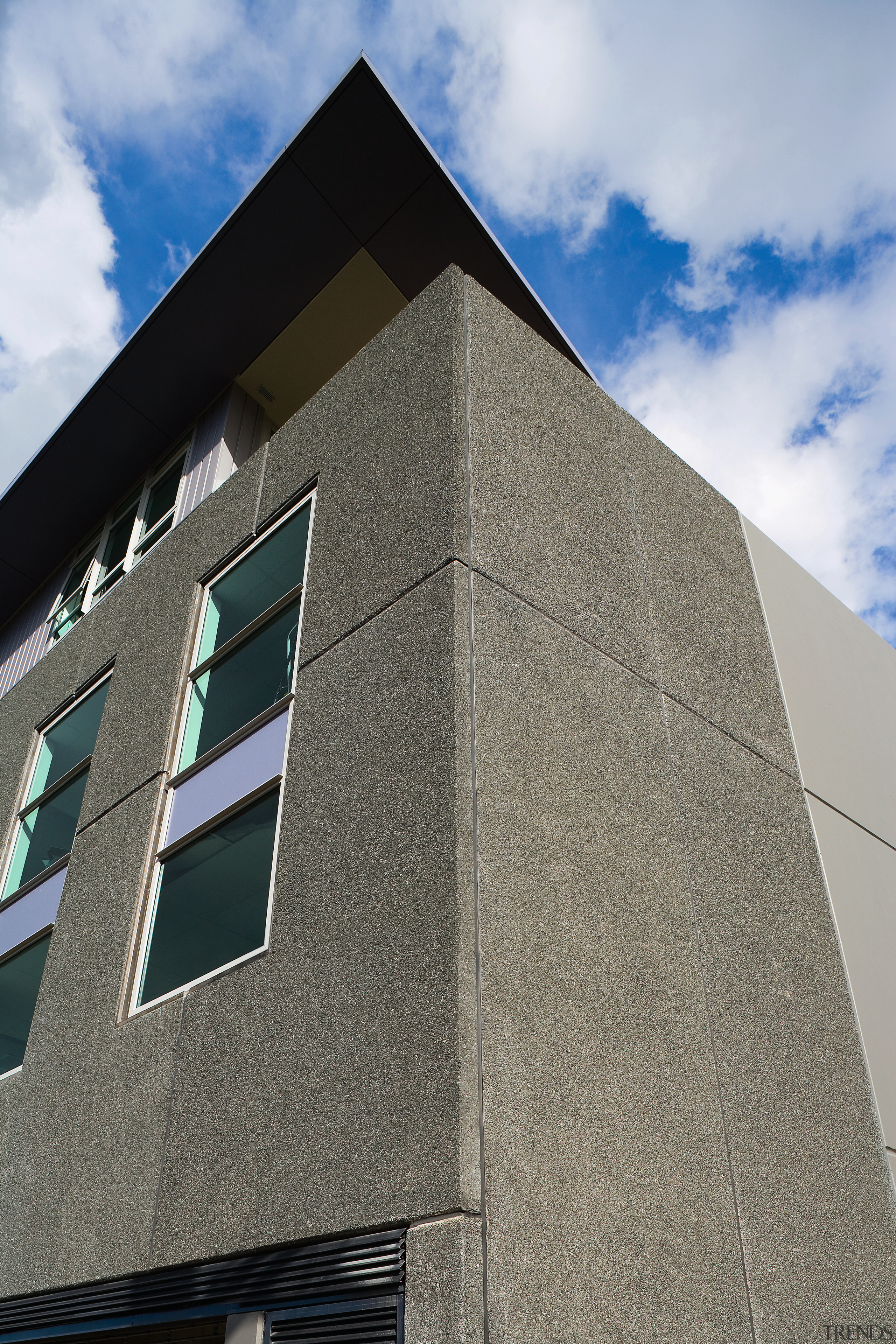 A view of the cocnrete panels from Wilco angle, architecture, brutalist architecture, building, commercial building, condominium, corporate headquarters, daylighting, daytime, facade, house, landmark, line, residential area, sky, structure, wall, window, gray, black