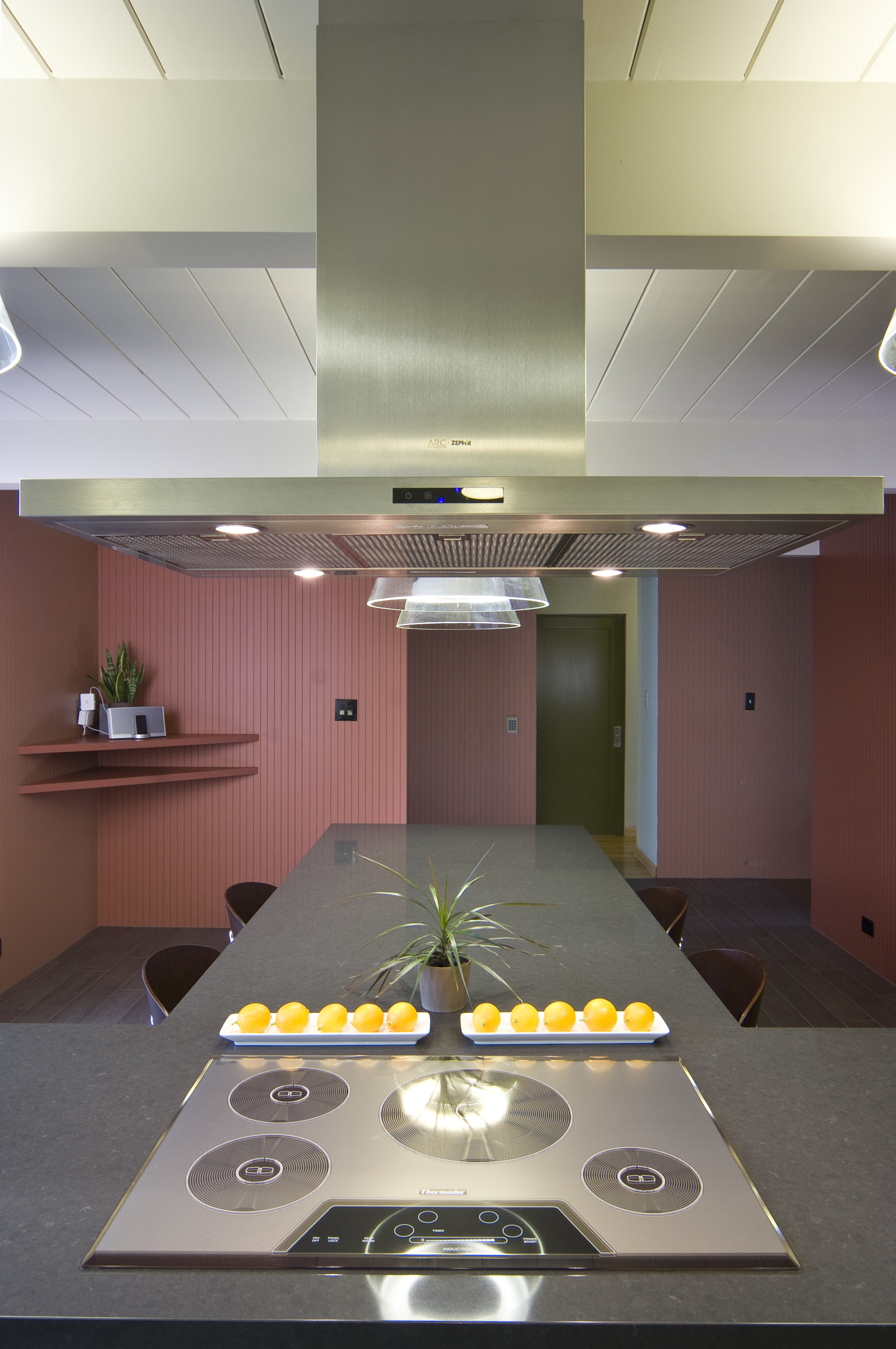 View of dark benchtop, cooktop and hood - architecture, ceiling, daylighting, floor, interior design, product design, gray