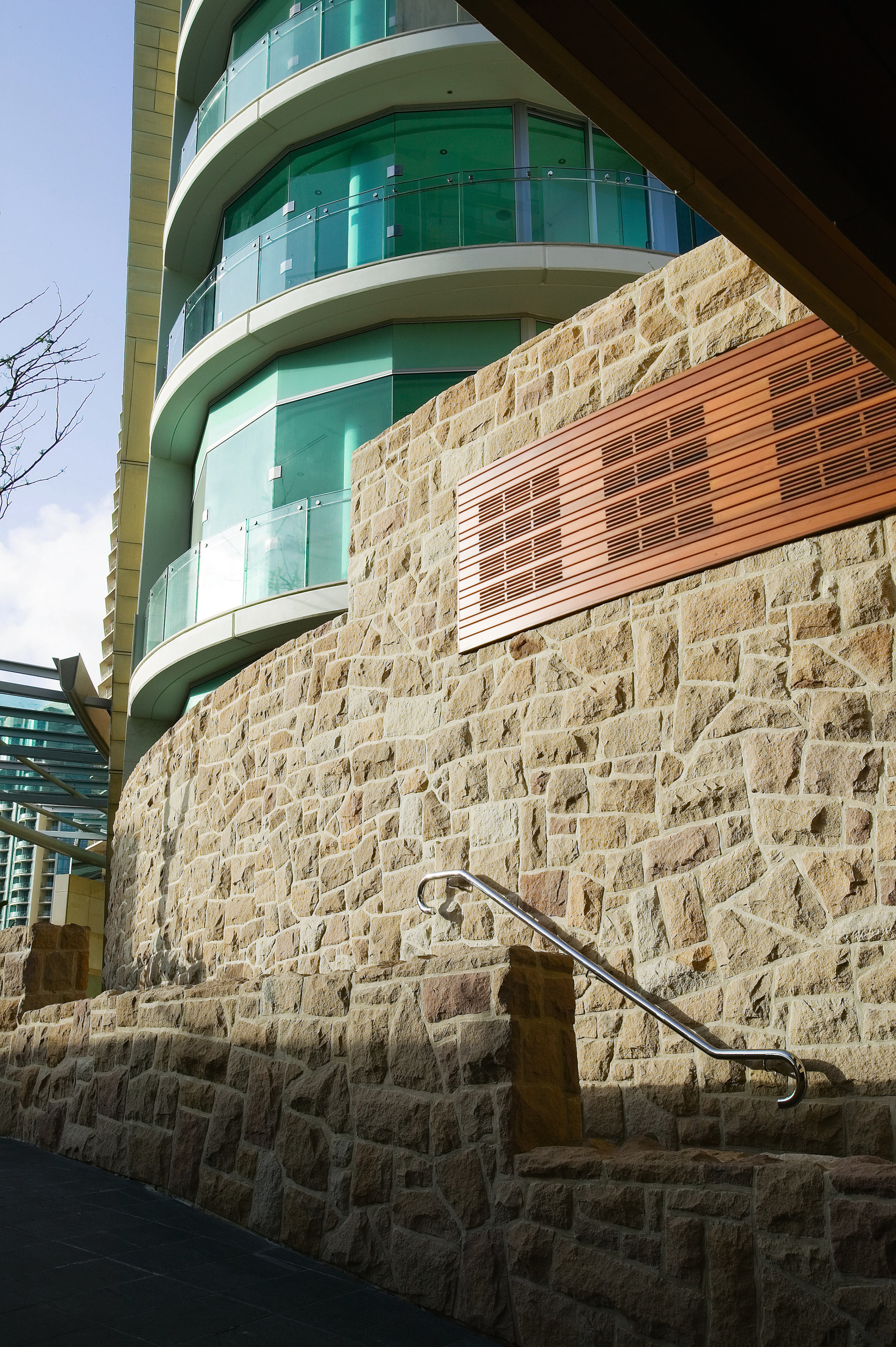 A view of the sandstone stepping stones, sandstone architecture, brick, brickwork, building, facade, sky, wall, window, black