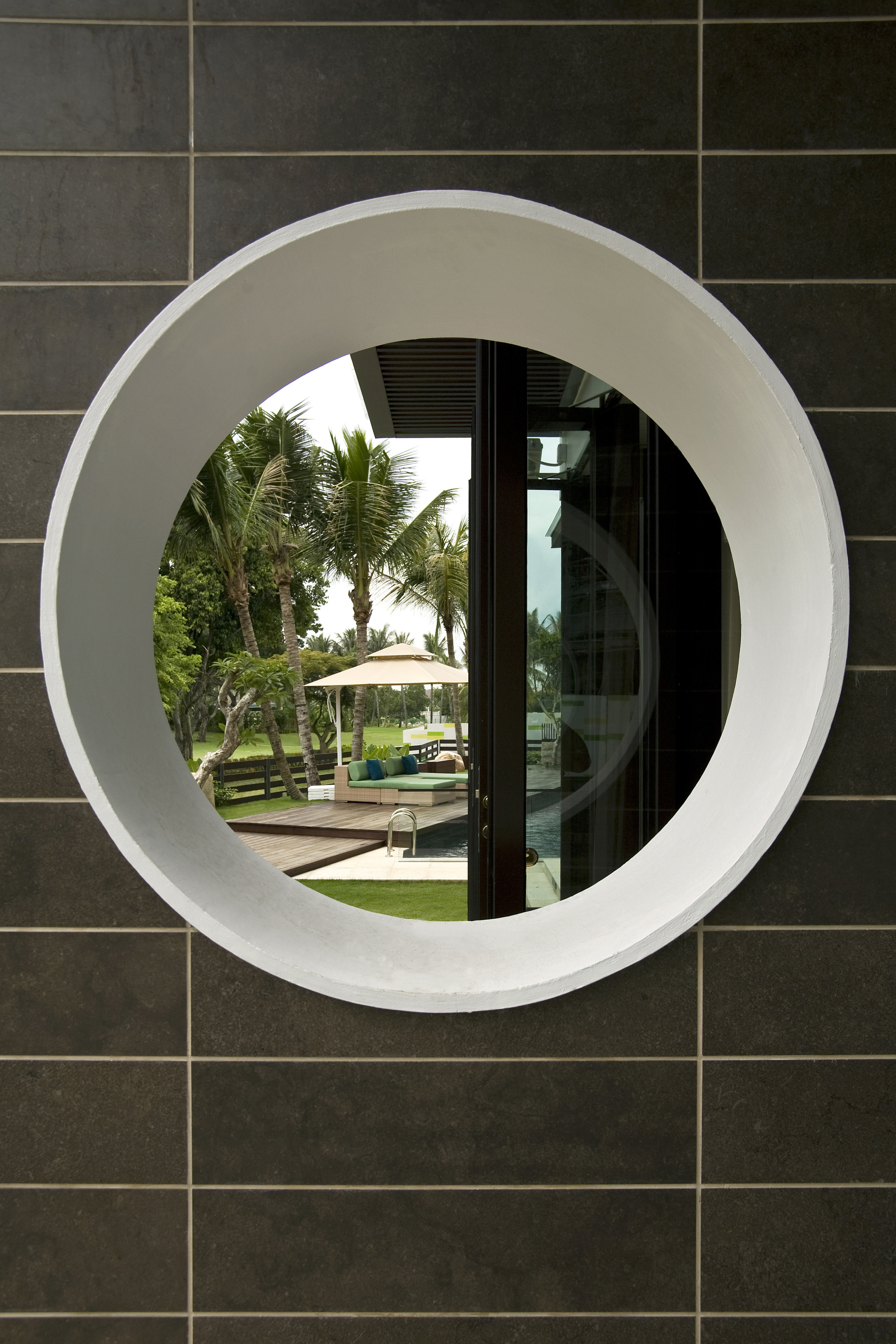 View of tiled wall with mirror. - View architecture, mirror, product design, window, black